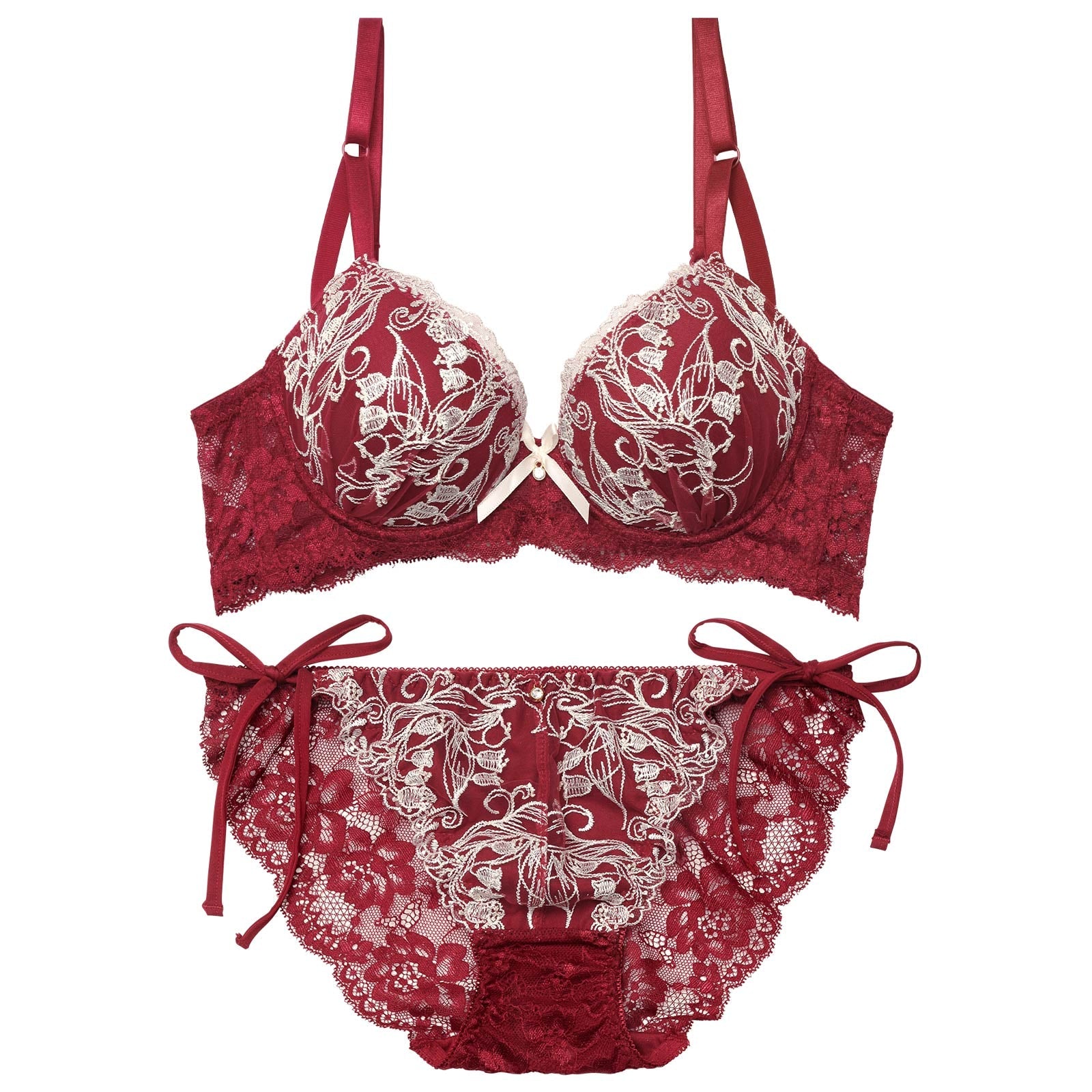 【三上悠亜着用】リリーベルエンブロイダリー育乳脇高ブラジャー&サイド紐バック透けフルバックショーツ