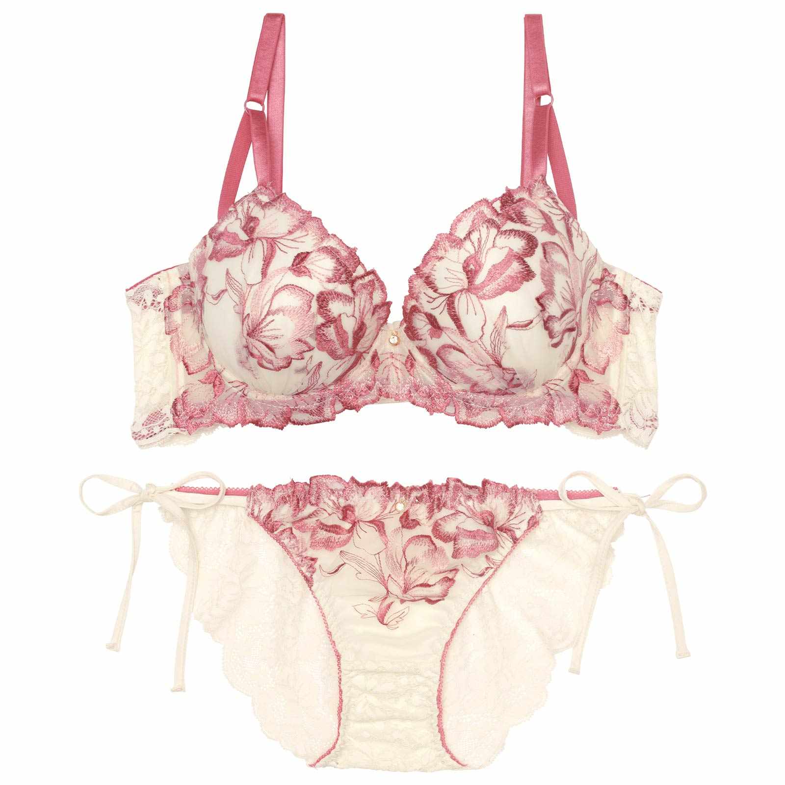 アロマティックフラワー育乳脇高ブラジャー&サイド紐バック透けフルバックショーツ