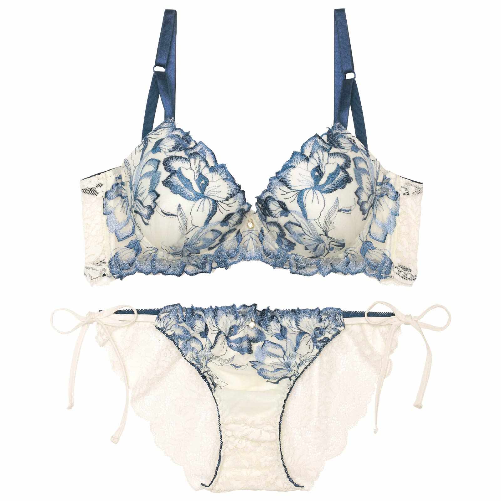 アロマティックフラワー育乳脇高ブラジャー&サイド紐バック透けフルバックショーツ