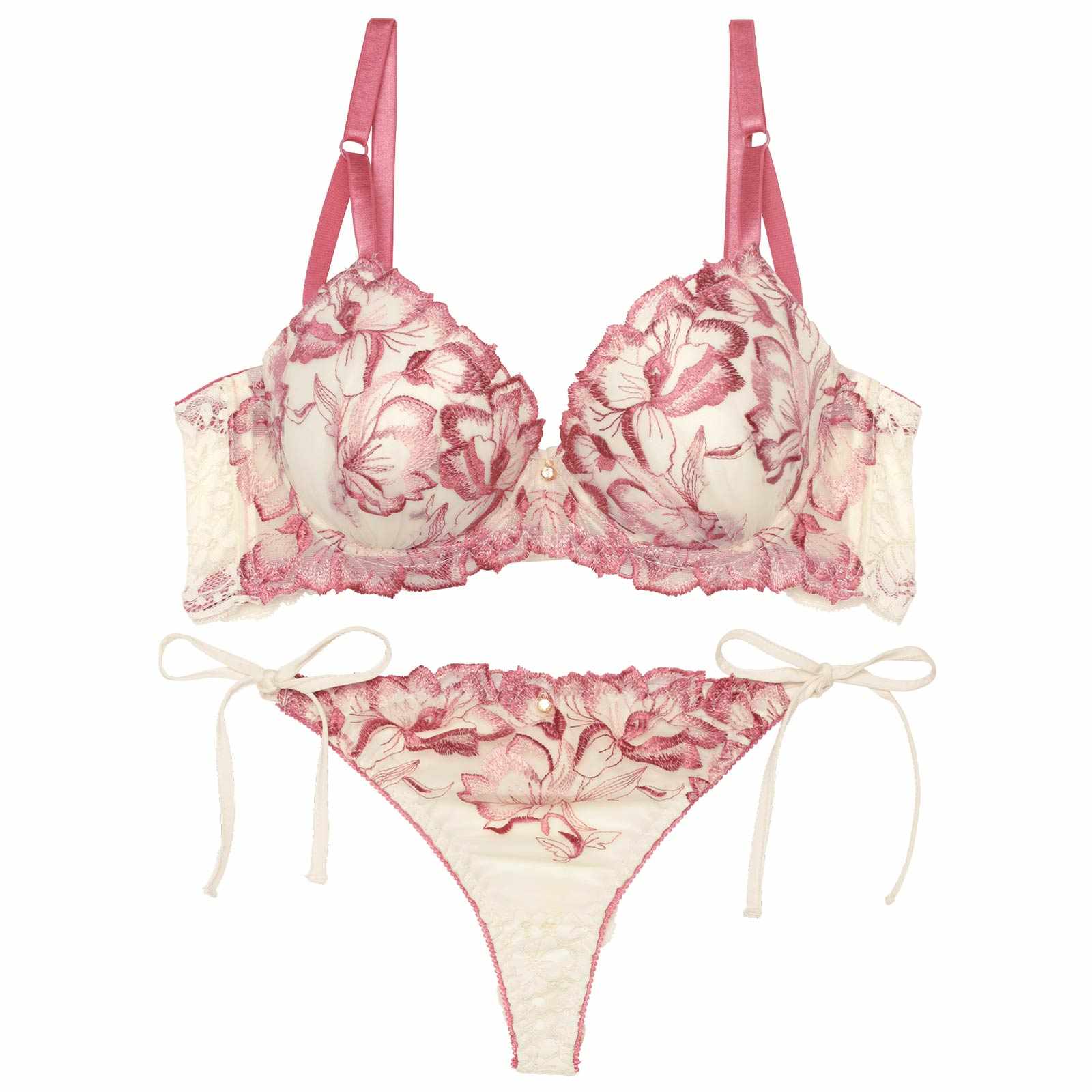 【EFサイズ】アロマティックフラワー育乳脇高ブラジャー&サイド紐バック透けTバックショーツ