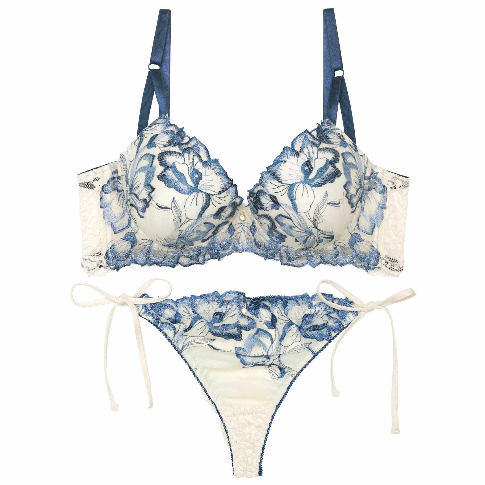 【EFサイズ】アロマティックフラワー育乳脇高ブラジャー&サイド紐バック透けTバックショーツ