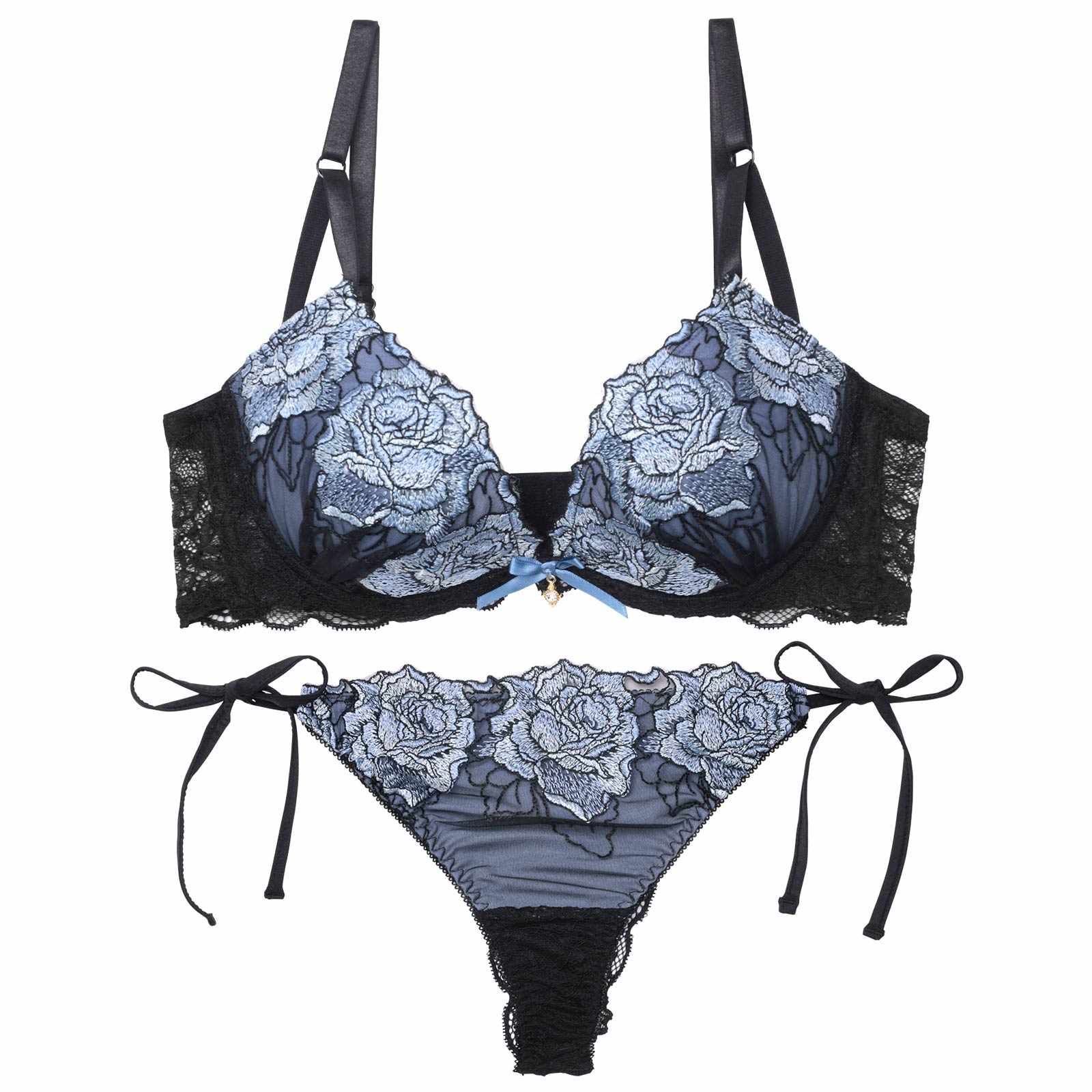 【三上悠亜着用】セレーナローズエンブロイダリー育乳脇高ブラジャー&サイド紐バック透けTバックショーツ