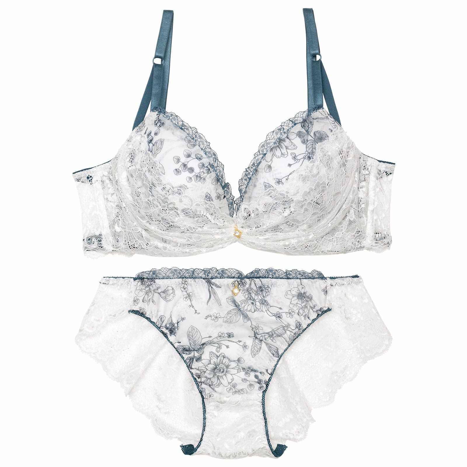 1/17再販!ブロッサムギャザーレース育乳脇高ブラジャー&バック透けフルバックショーツ