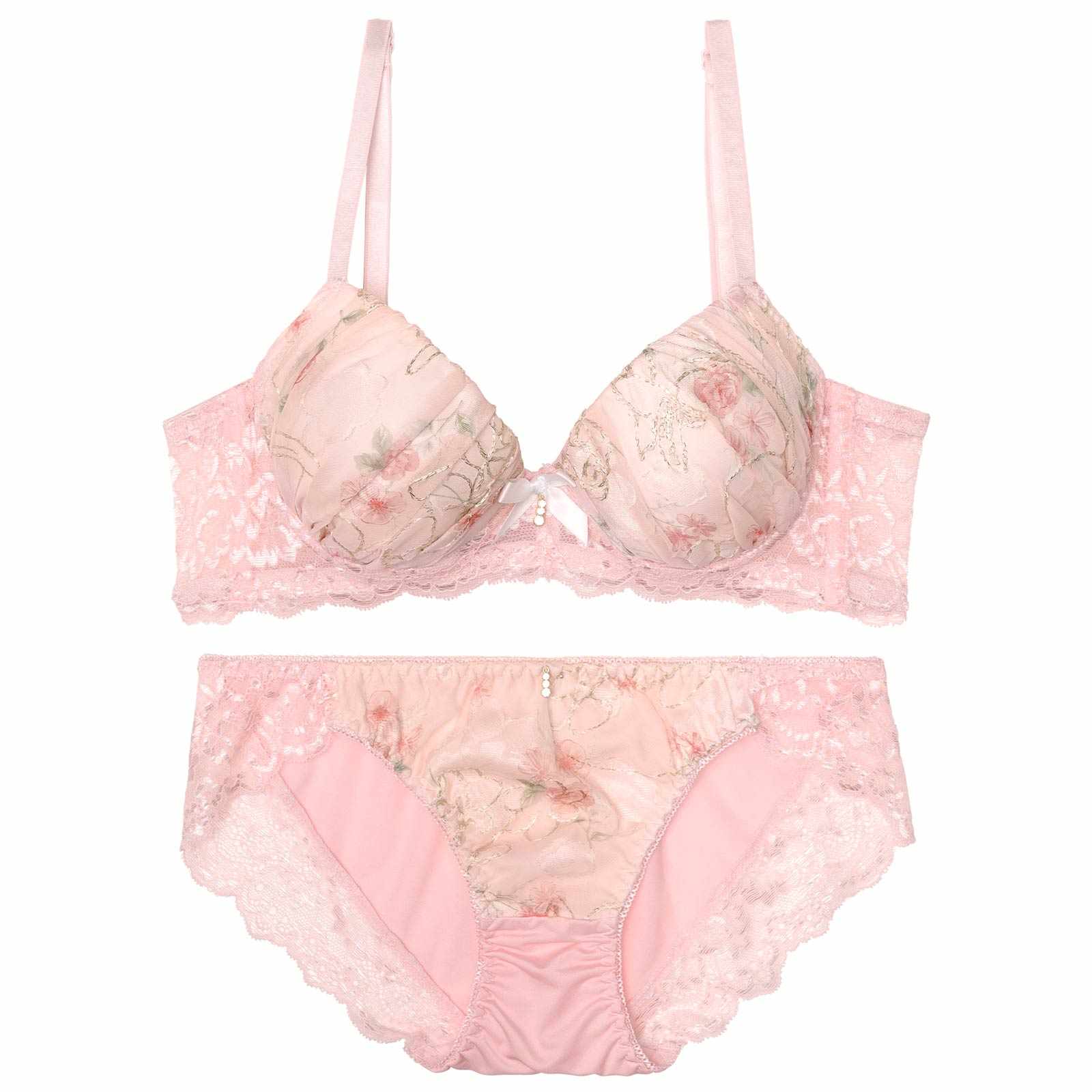 フェミニンギャザーフルール育乳脇高ブラジャー&フルバックショーツ