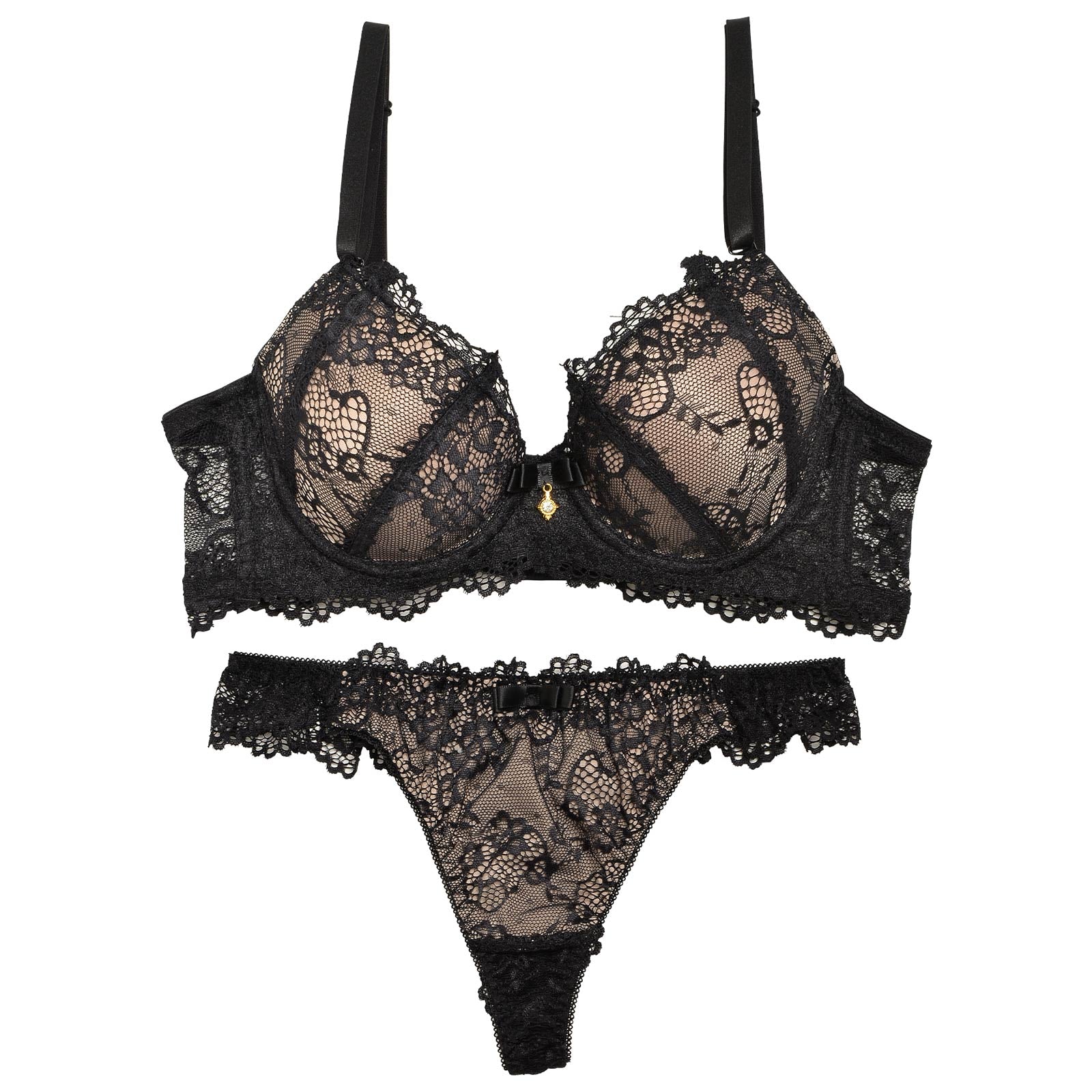 【EFサイズ】ヌーディーレース育乳脇高ブラジャー&バック透けTバックショーツ