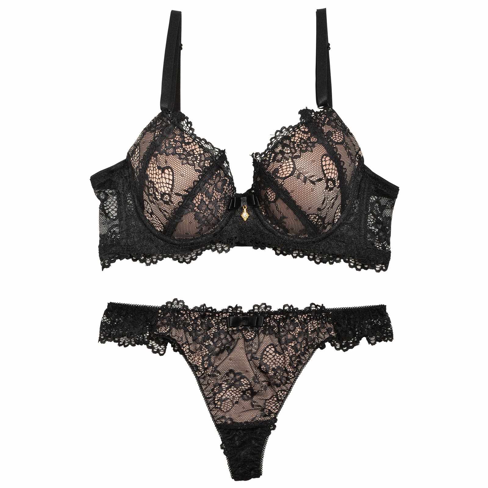 1/15再販!【EFサイズ】ヌーディーレース育乳脇高ブラジャー&バック透けTバックショーツ