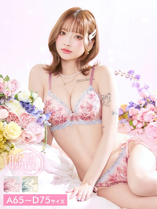 4/14再販!フェアリーアネモネブルーム育乳脇高ブラジャー&サイド紐バック透けフルバックショーツ