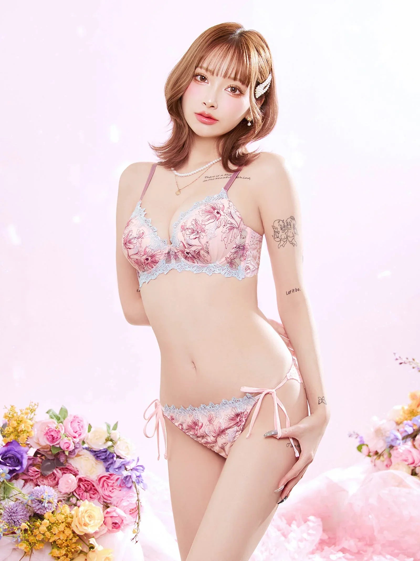 4/14再販!フェアリーアネモネブルーム育乳脇高ブラジャー&サイド紐バック透けフルバックショーツ