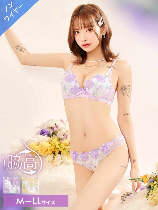 11/19新作!【ノンワイヤー】ロマンティックブロッサム育乳脇高ブラジャー&フルバックショーツ