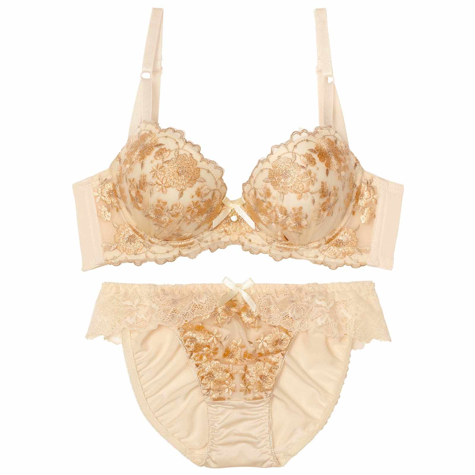 【EFサイズ】メルティピオニーエンブロイダリー育乳脇高ブラジャー&フルバックショーツ