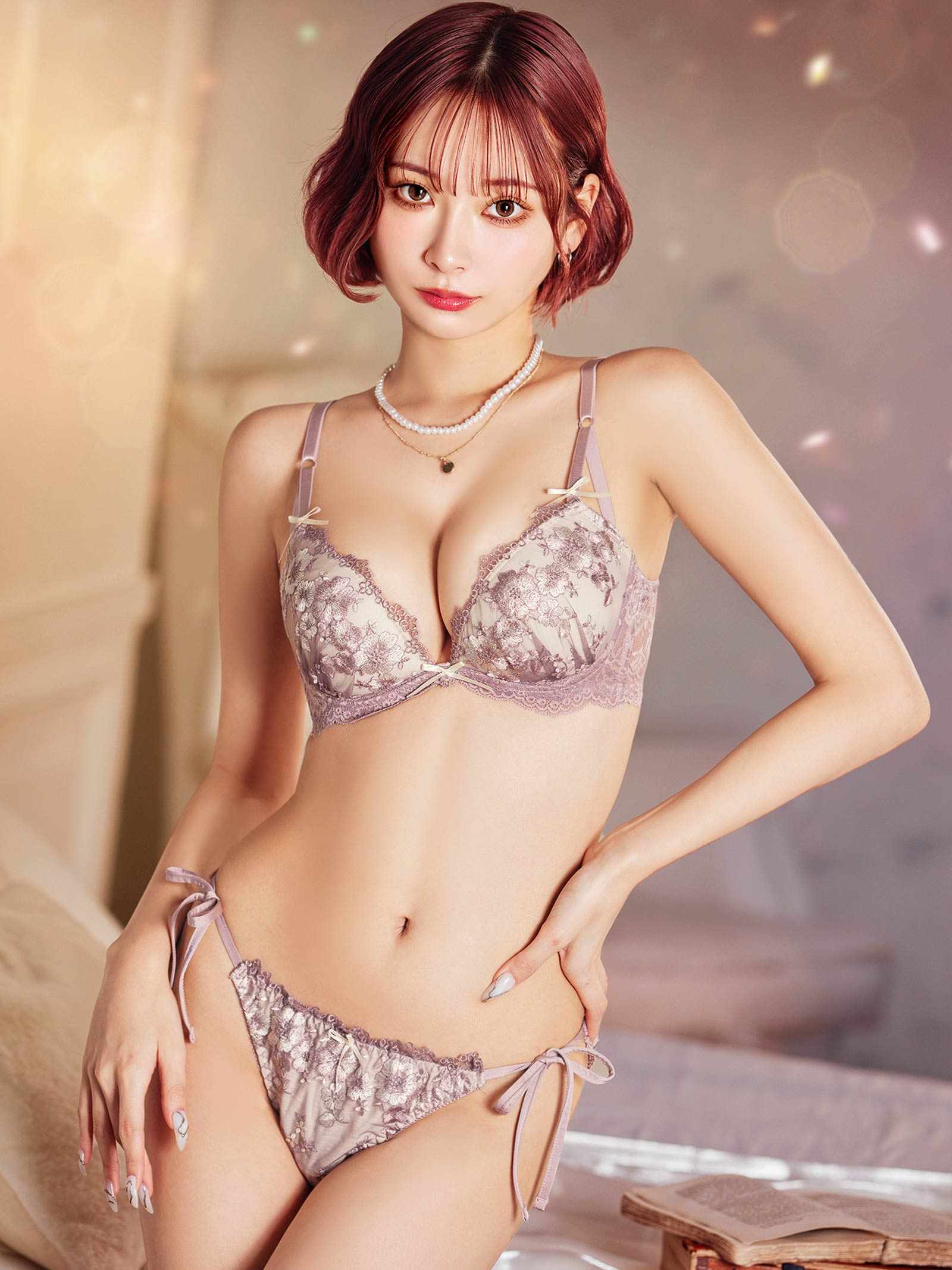 4/1再販!【EFサイズ】ダスティジュエルフラワー育乳脇高ブラジャー&サイド紐バック透けTバックショーツ