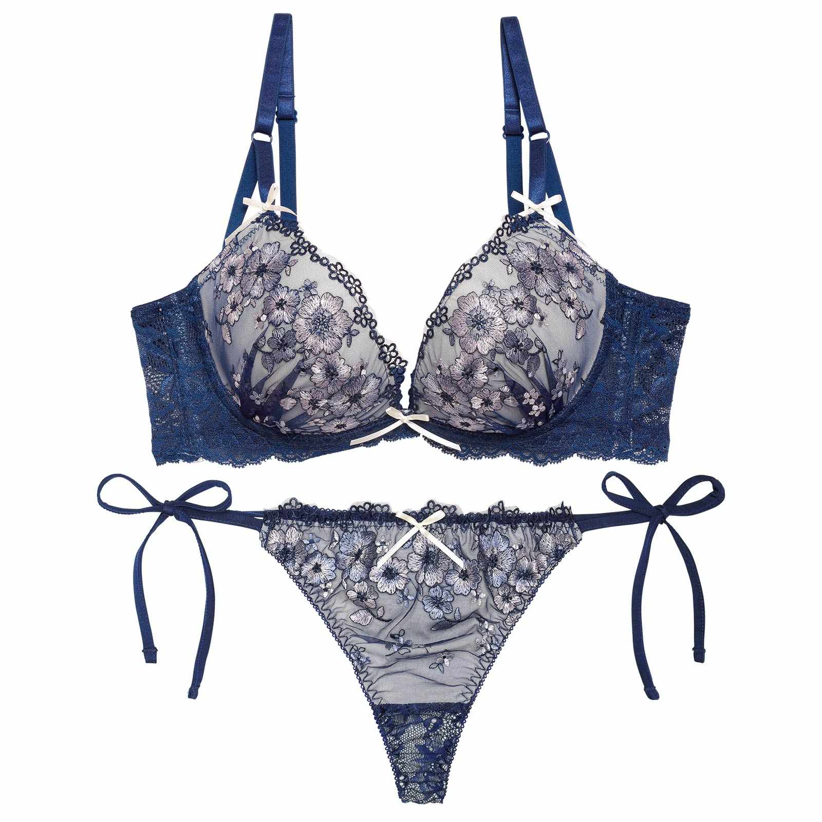 4/1再販!【EFサイズ】ダスティジュエルフラワー育乳脇高ブラジャー&サイド紐バック透けTバックショーツ