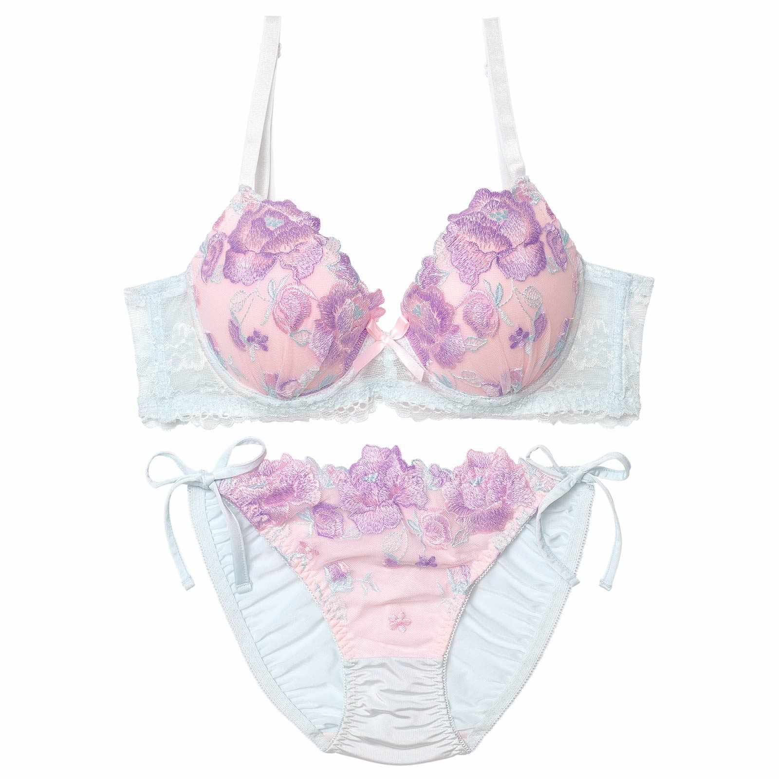 10/8新作!フェミニンパステルピオニー育乳脇高ブラジャー&サイド紐フルバックショーツ