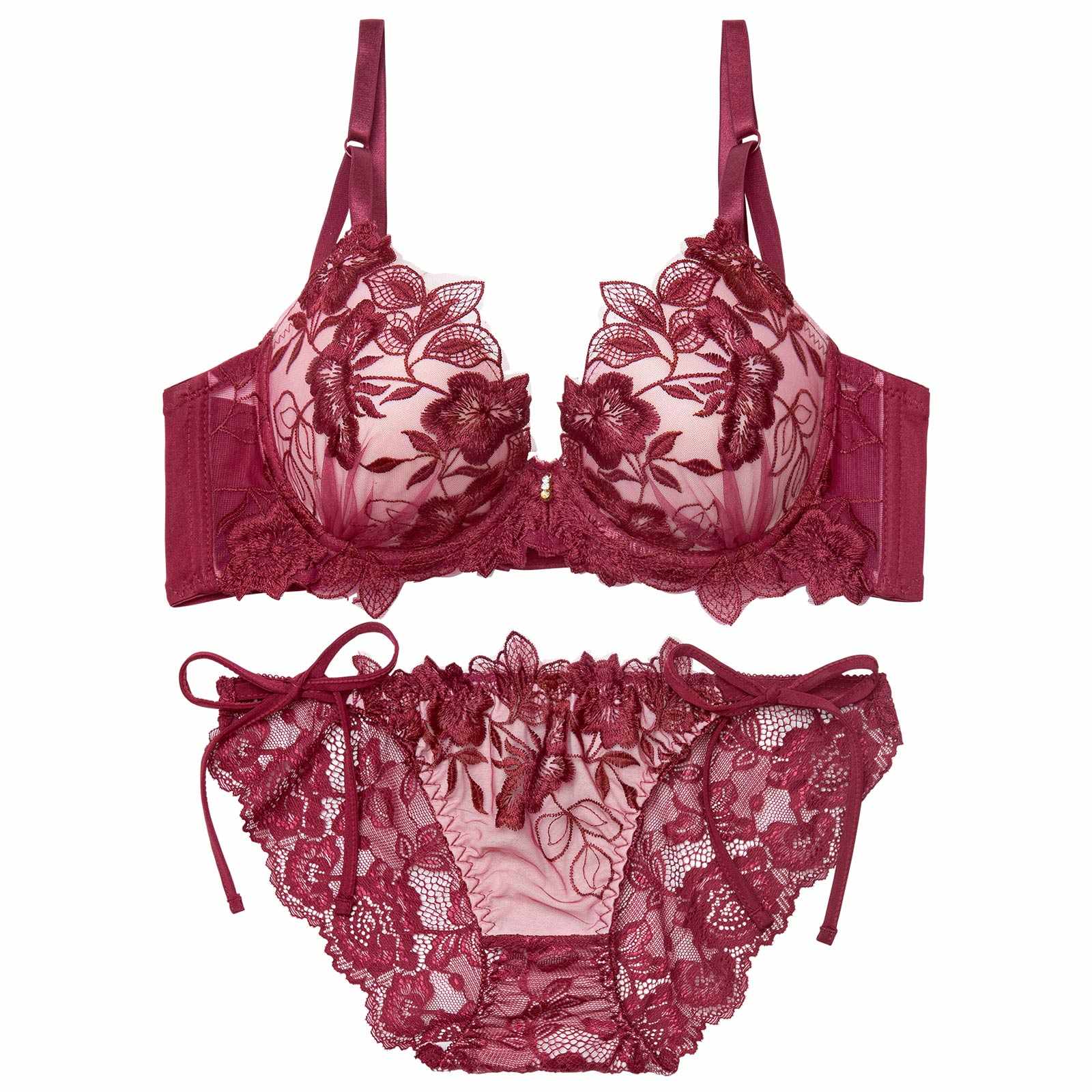 12/26新作!【三上悠亜着用】ノーブルボタニカルエンブロイダリー育乳脇高ブラジャー&サイド紐バック透けフルバックショーツ