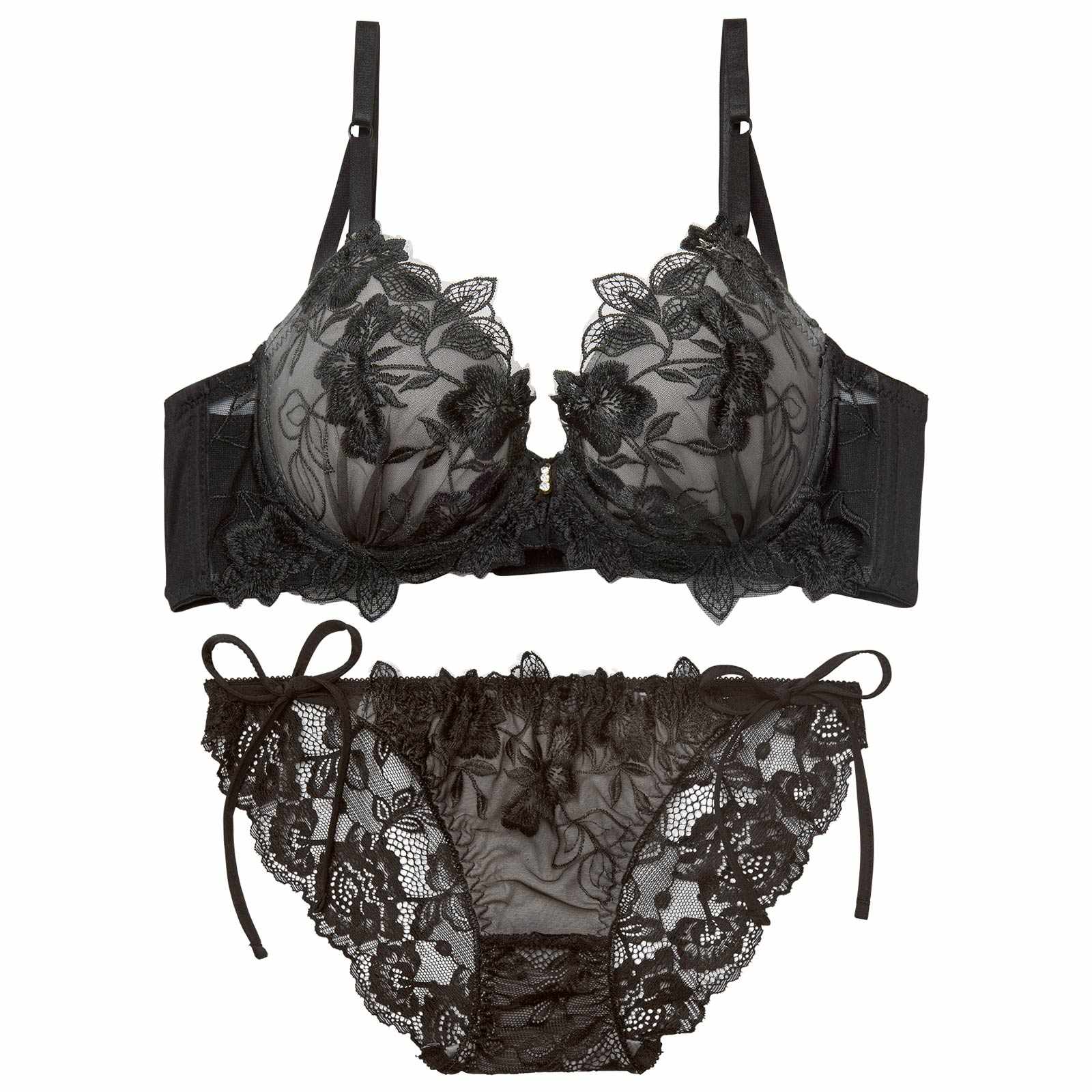 12/26新作!【三上悠亜着用】ノーブルボタニカルエンブロイダリー育乳脇高ブラジャー&サイド紐バック透けフルバックショーツ