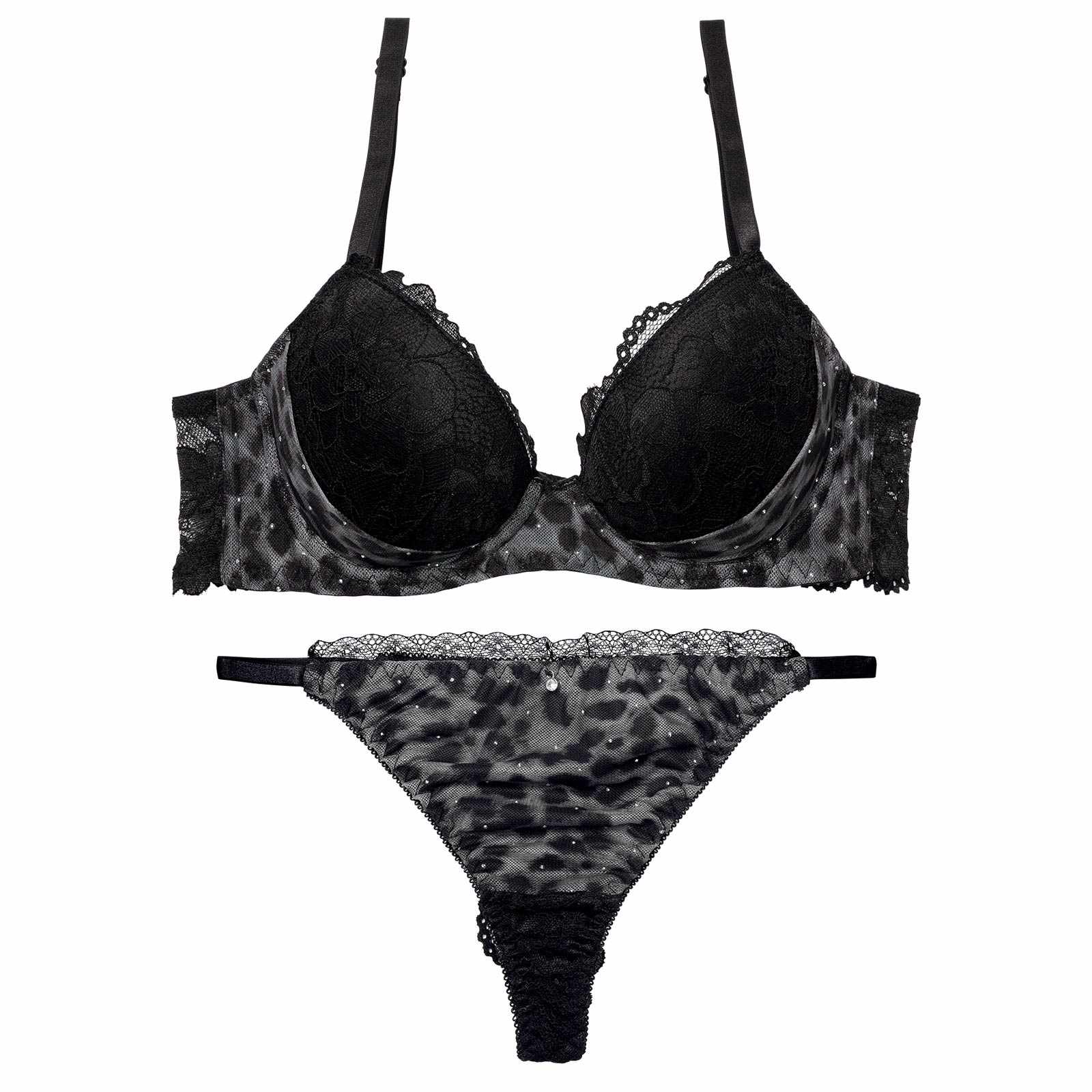 レオパードラインストーン育乳脇高ブラジャー&バック透けTバックショーツ