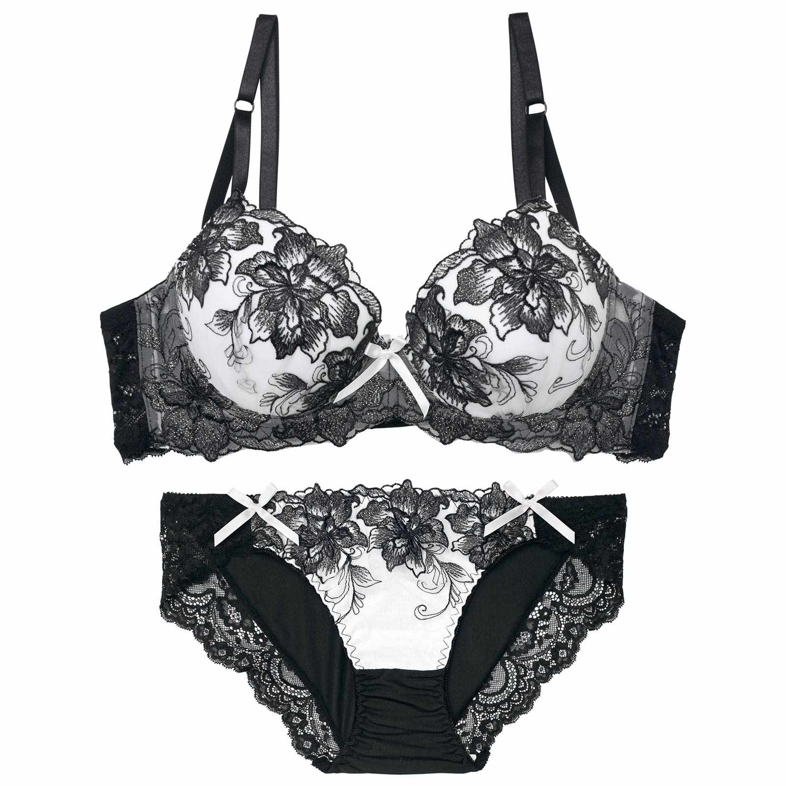 【三上悠亜着用】【EFサイズ】ロイヤルラメフラワー育乳脇高ブラジャー&フルバックショーツ