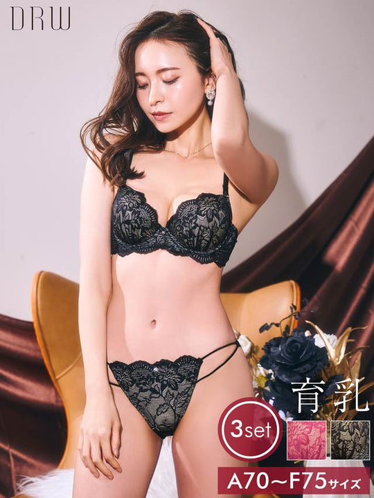 【3点セット】アリュールヌーディーレース育乳脇高ブラジャー&フルバックショーツ&Tバックショーツ