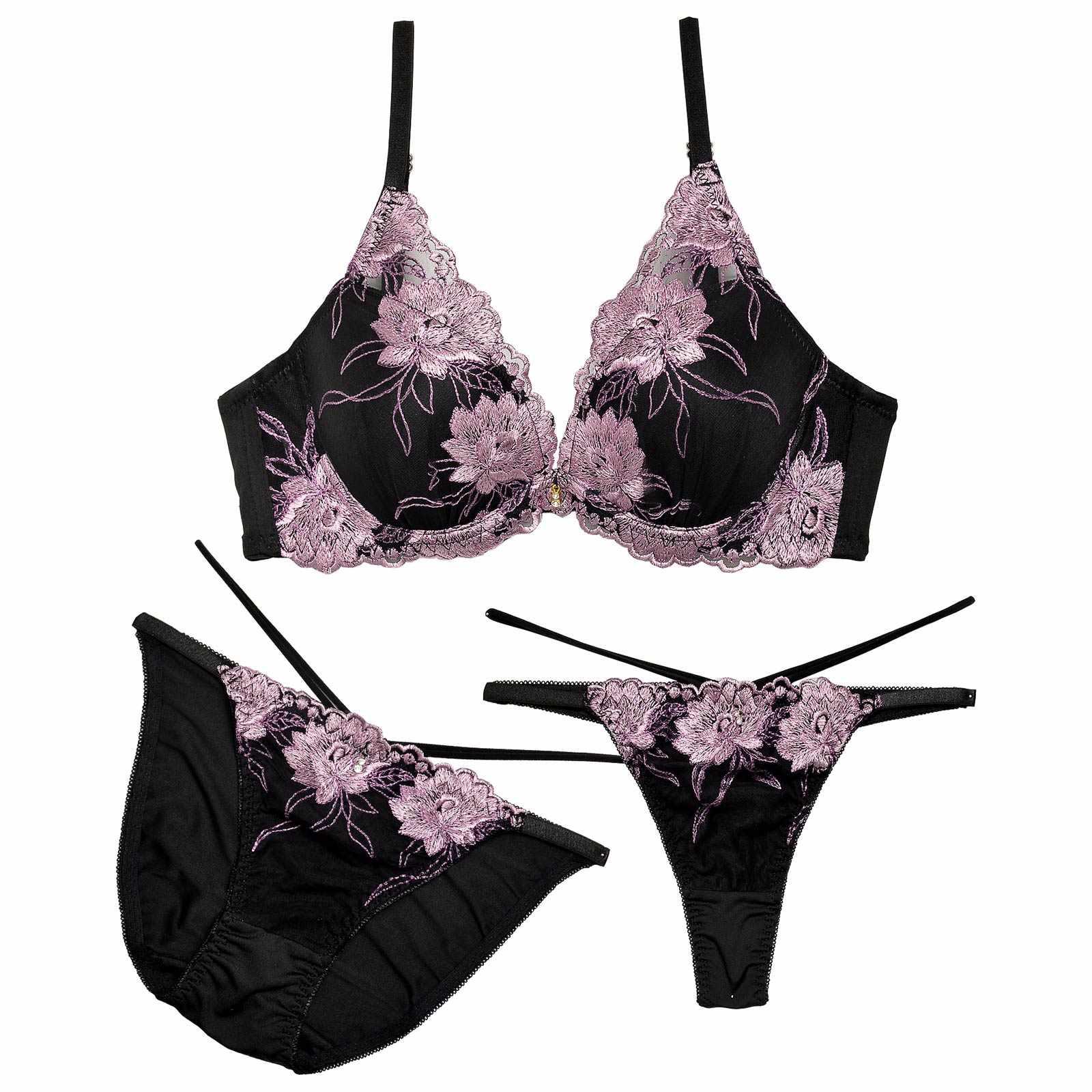 【3点セット】【GHIサイズ】ダスティブリリアントフラワー育乳脇高ブラジャー&フルバック&Tバックショーツ - 【公式】247Lingerie