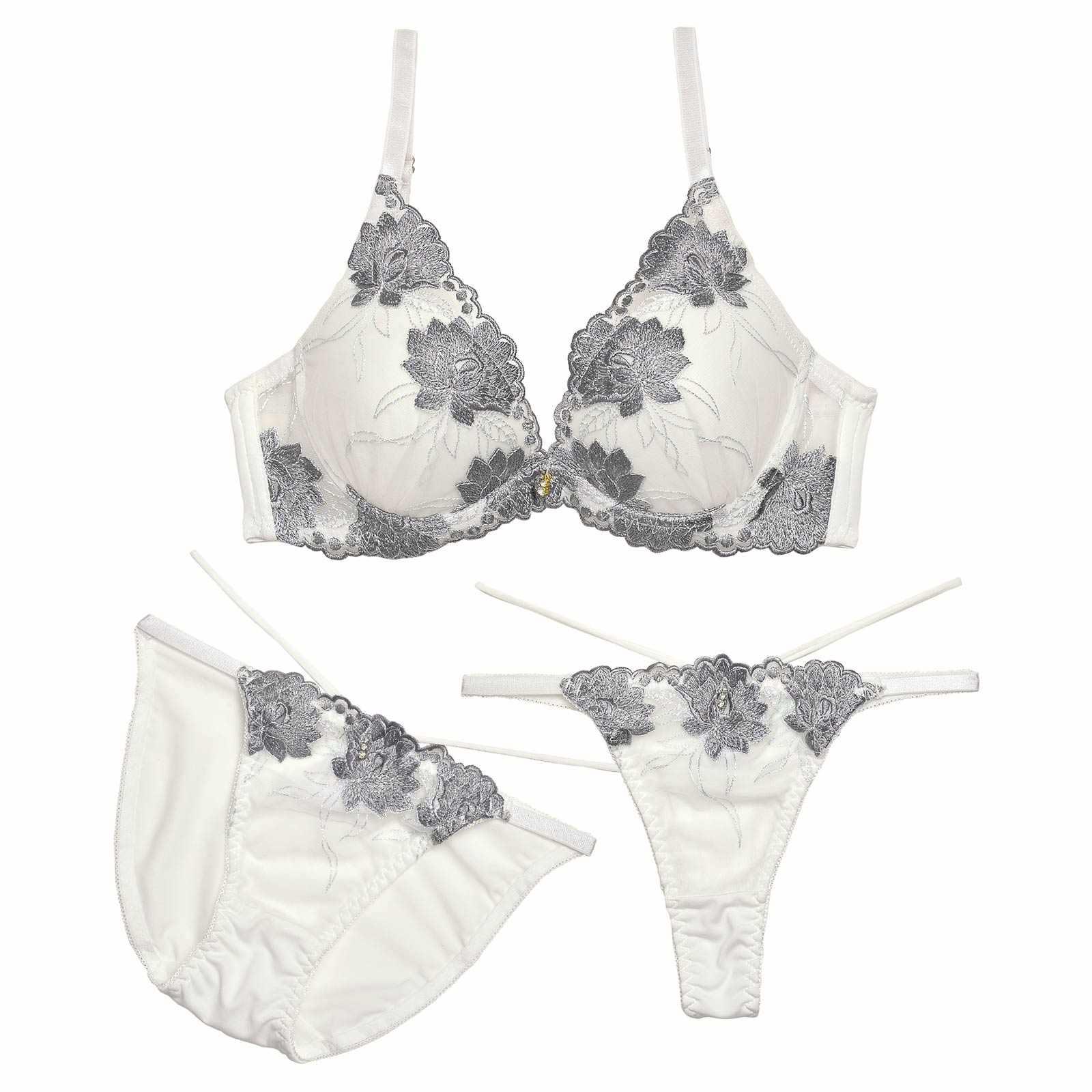 【3点セット】【GHIサイズ】ダスティブリリアントフラワー育乳脇高ブラジャー&フルバック&Tバックショーツ - 【公式】247Lingerie