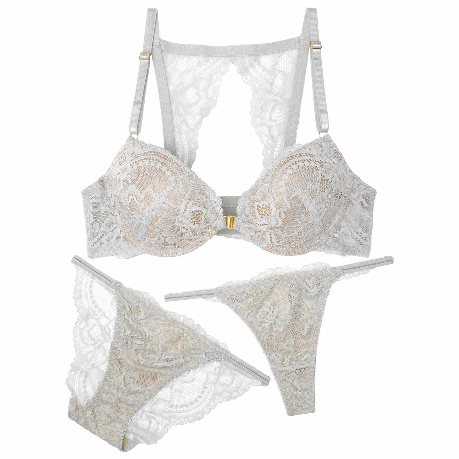 【3点セット】ヌーディバックカットレースフロントホックブラジャー&バック透けフルバック&Tバックショーツ