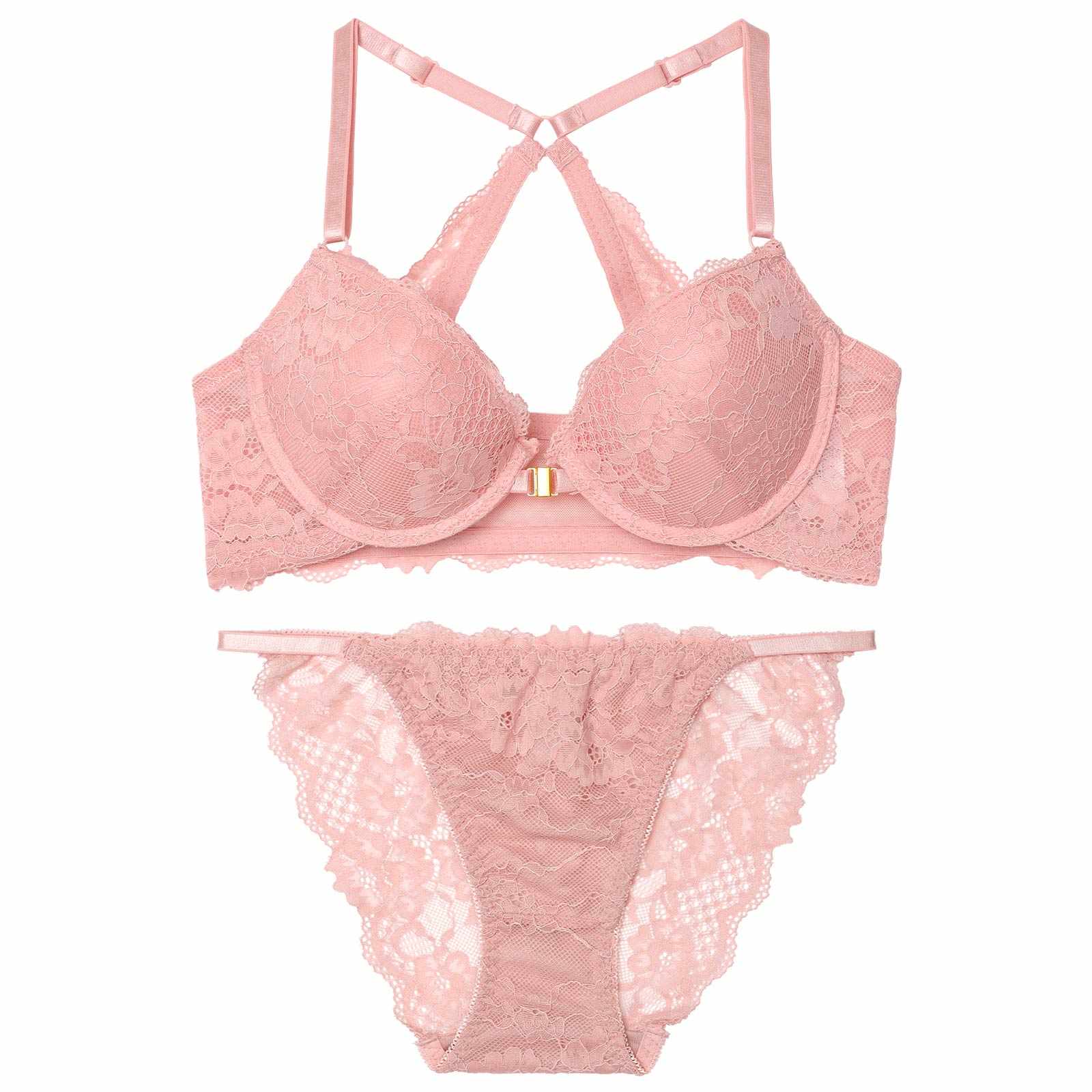 エレガントオールレーシィフロントホックブラジャー&バック透けフルバックショーツ