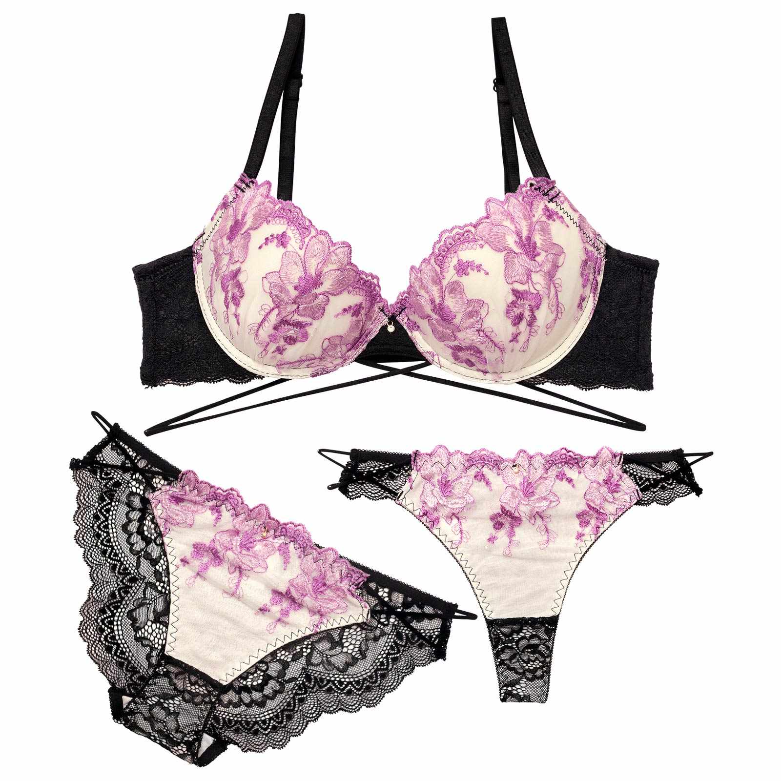 【三上悠亜着用】【3点セット】ブルーミングクロスストリング育乳脇高ブラジャー&バック透けフルバック&Tバックショーツ