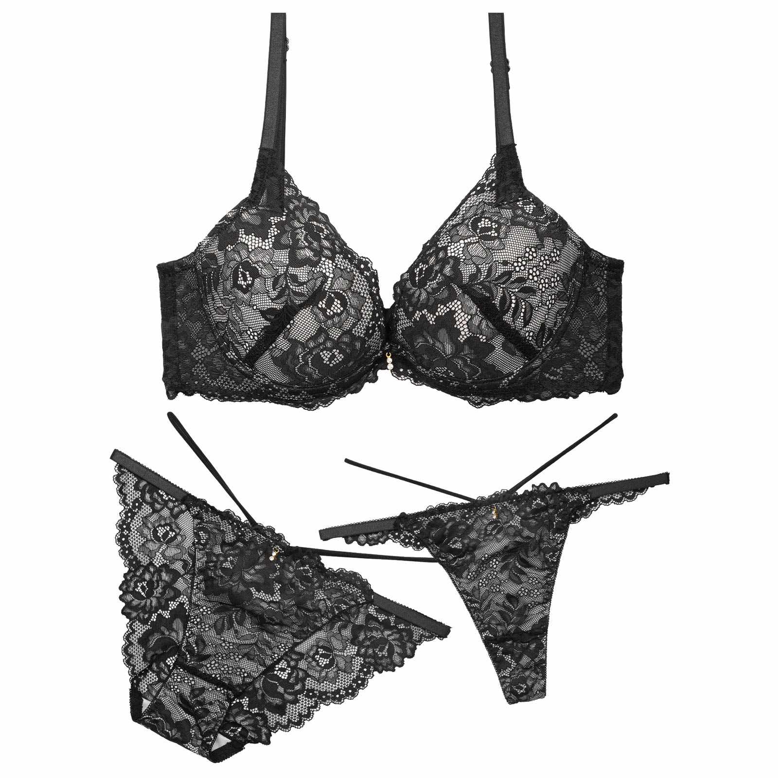11/20再販!【三上悠亜着用】【3点セット】【GHIサイズ】ラグジュアリーオールレーシィコード育乳脇高ブラジャー&バック透けフルバック&Tバックショーツ