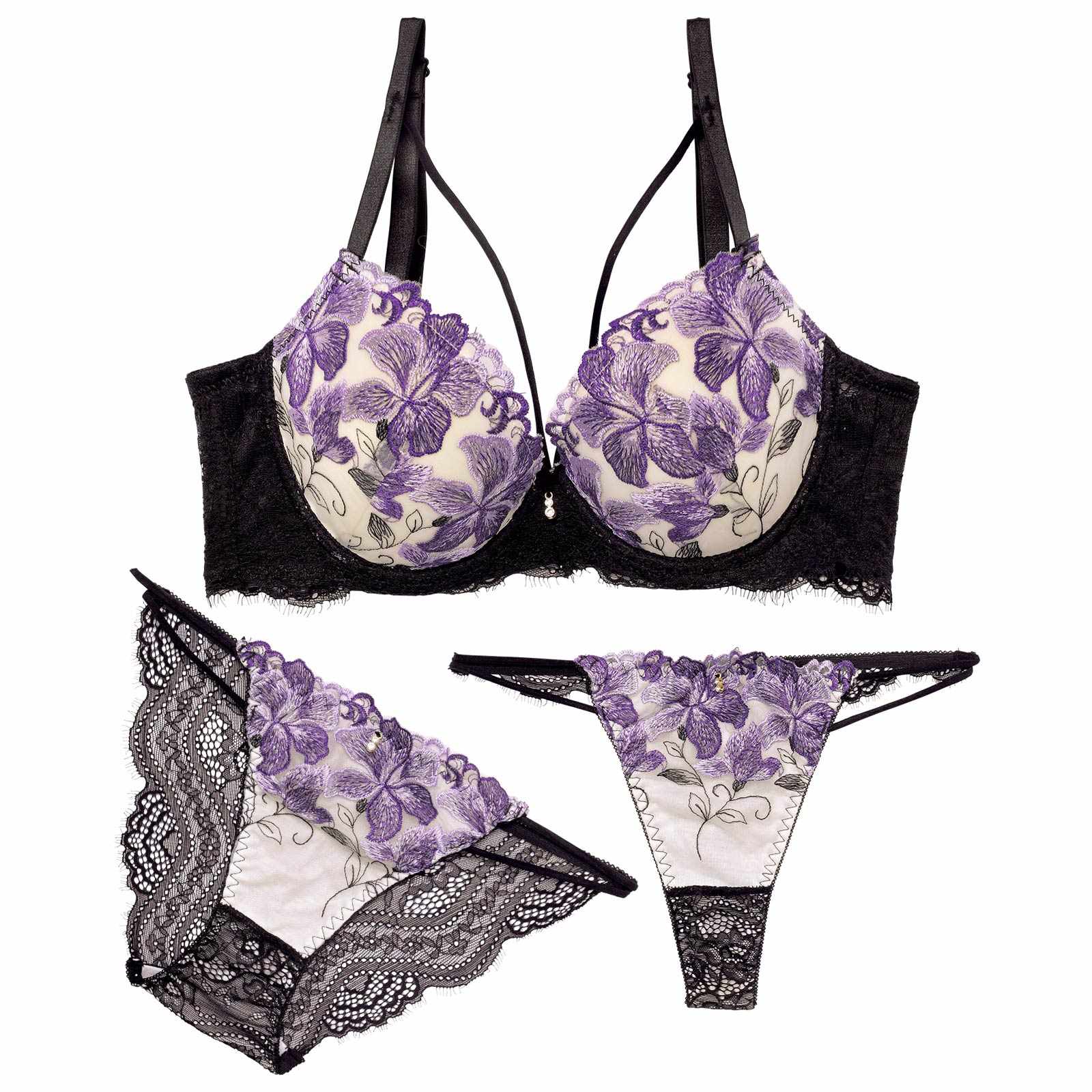 【三上悠亜着用】【3点セット】ゴージャスリリーコード育乳脇高ブラジャー&バック透けフルバック&Tバックショーツ