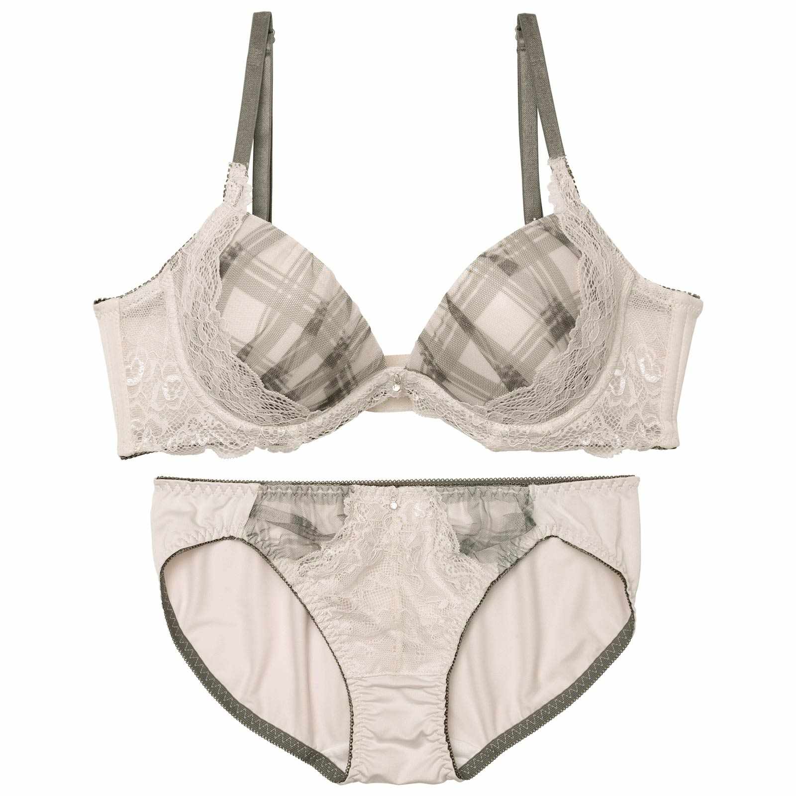 クラシカルチェックレース育乳脇高ブラジャー&フルバックショーツ