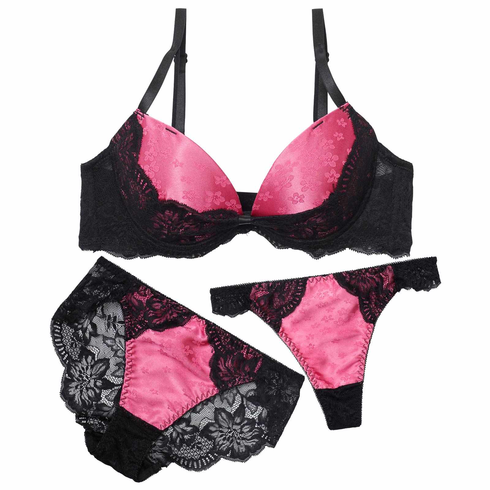 11/19新作!【3点セット】グロスサテンリボンレースブラジャー&バック透けフルバック&Tバックショーツ
