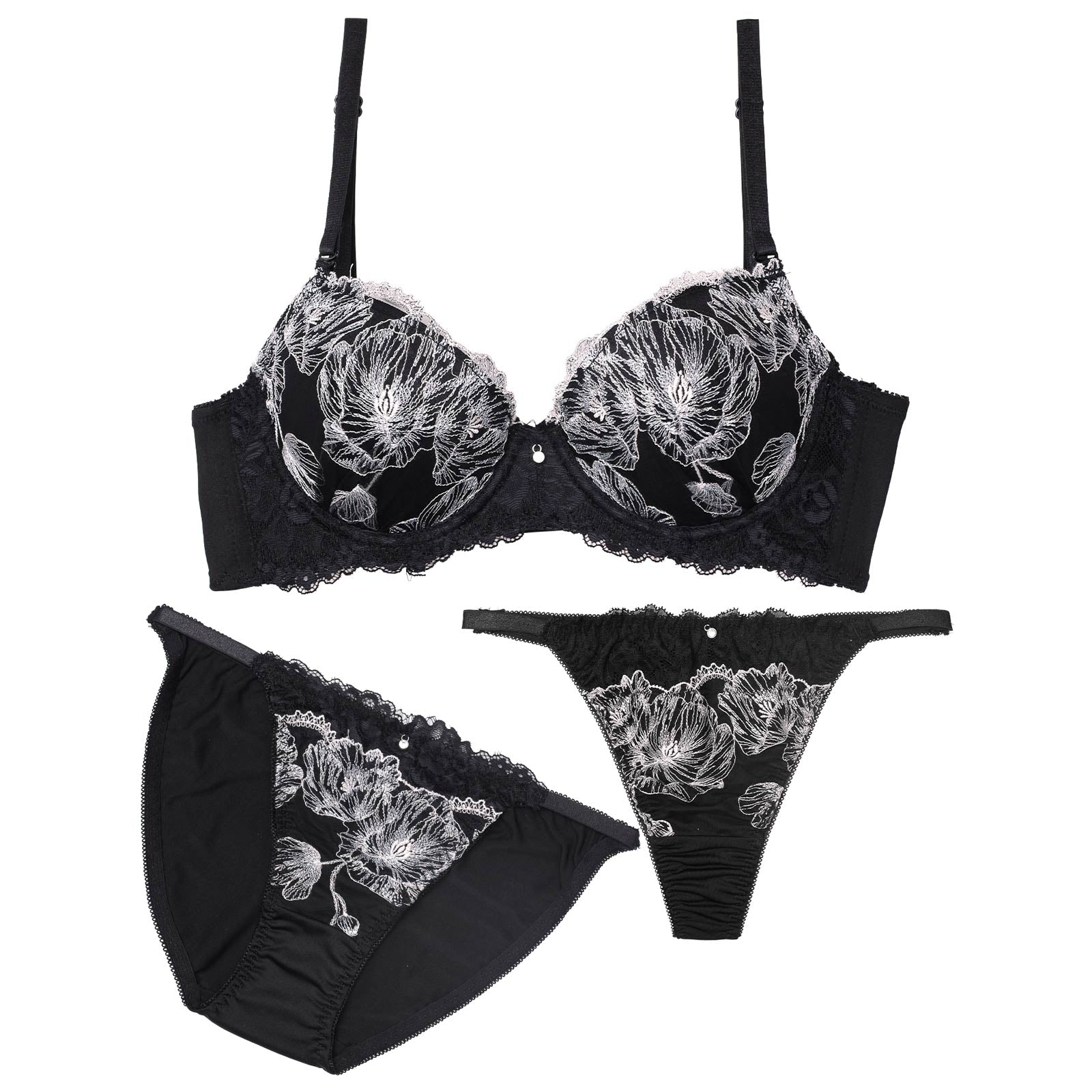 【3点セット】ミスティックフローラル育乳脇高ブラジャー&フルバック&Tバックショーツ