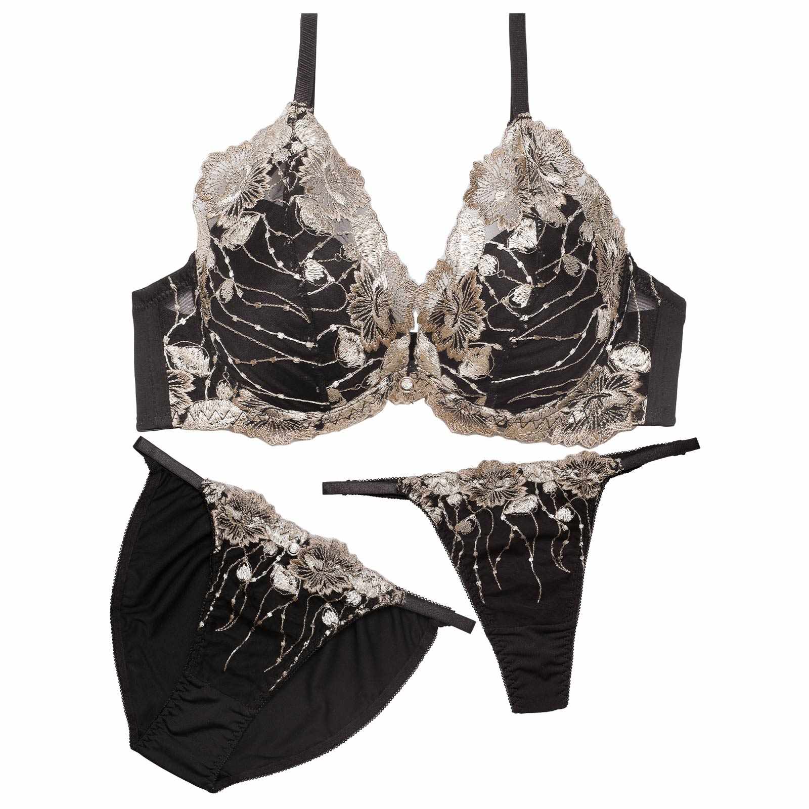 12/1新作!【3点セット】ラグジュアリーフローラルブラジャー&フルバック&Tバックショーツ