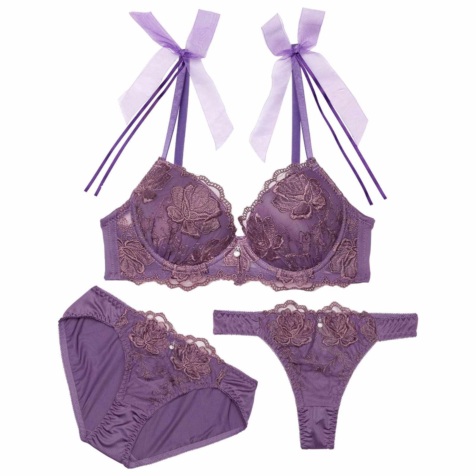 3/11新作!【3点セット】チュールリボンエンブロイダリーブラジャー&フルバックショーツ&Tバックショーツ