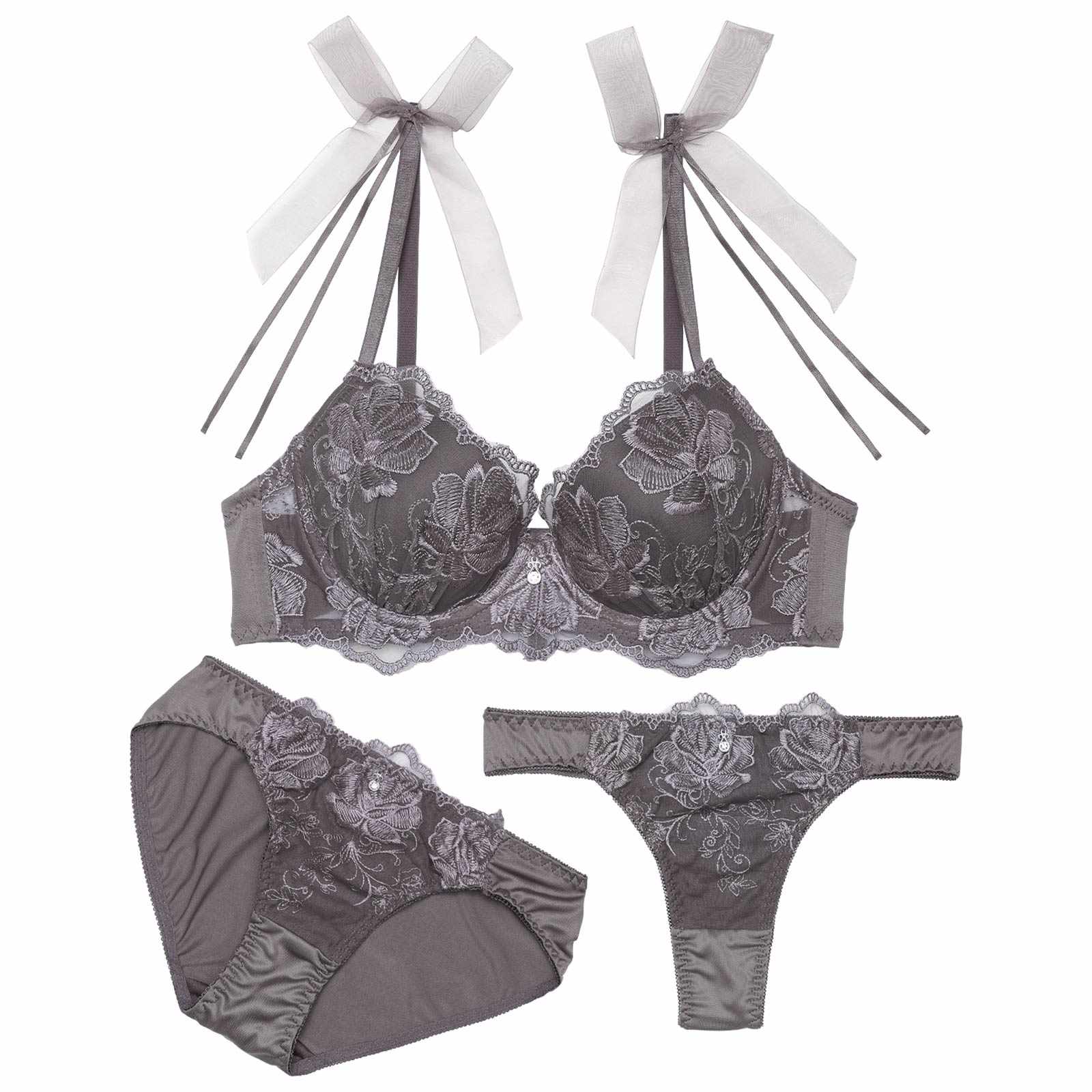 3/11新作!【3点セット】【GHIサイズ】チュールリボンエンブロイダリーブラジャー&フルバックショーツ&Tバックショーツ