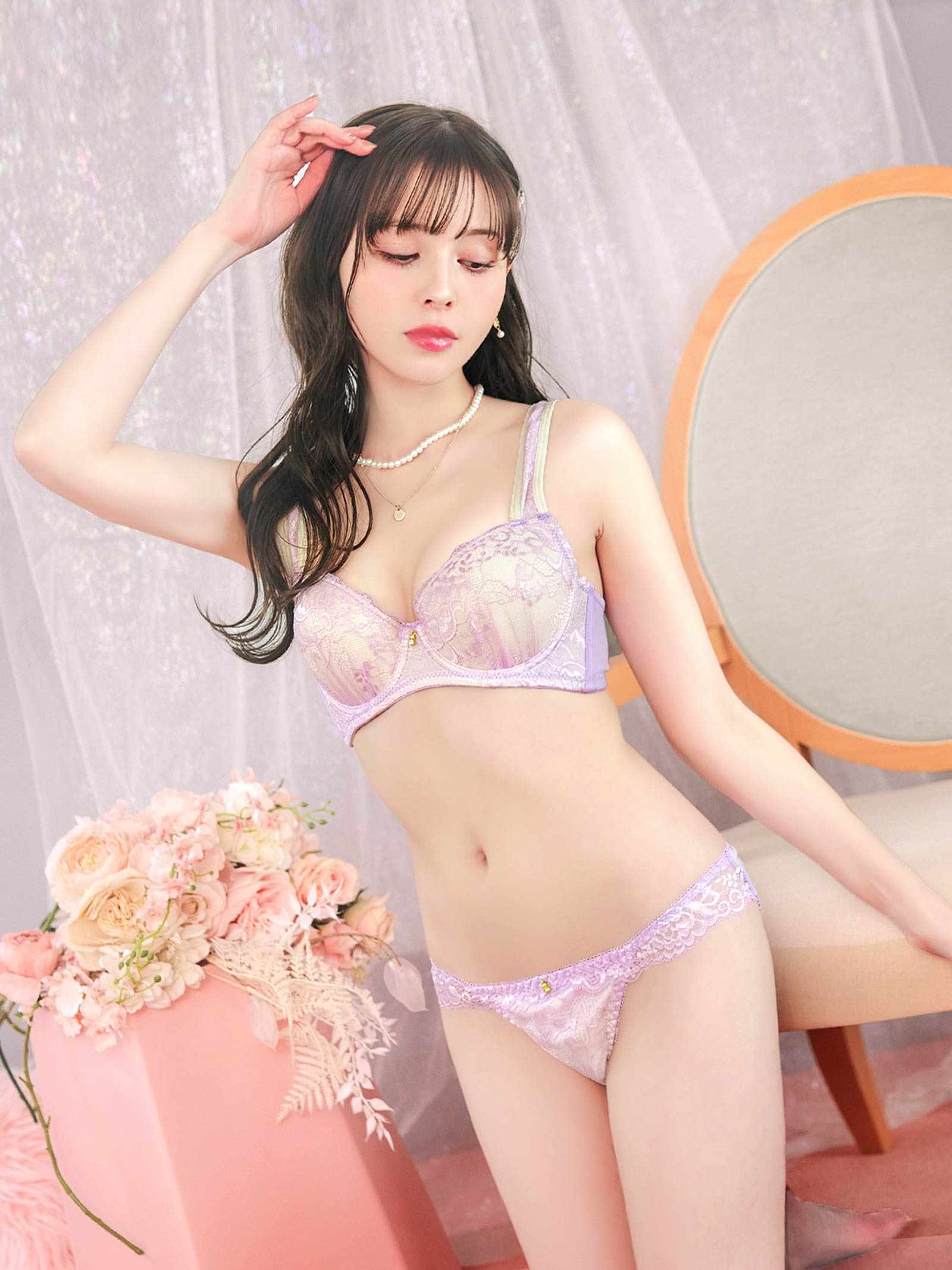 3/18新作!フェミニンパステルレース育乳脇高ブラジャー&フルバックショーツ