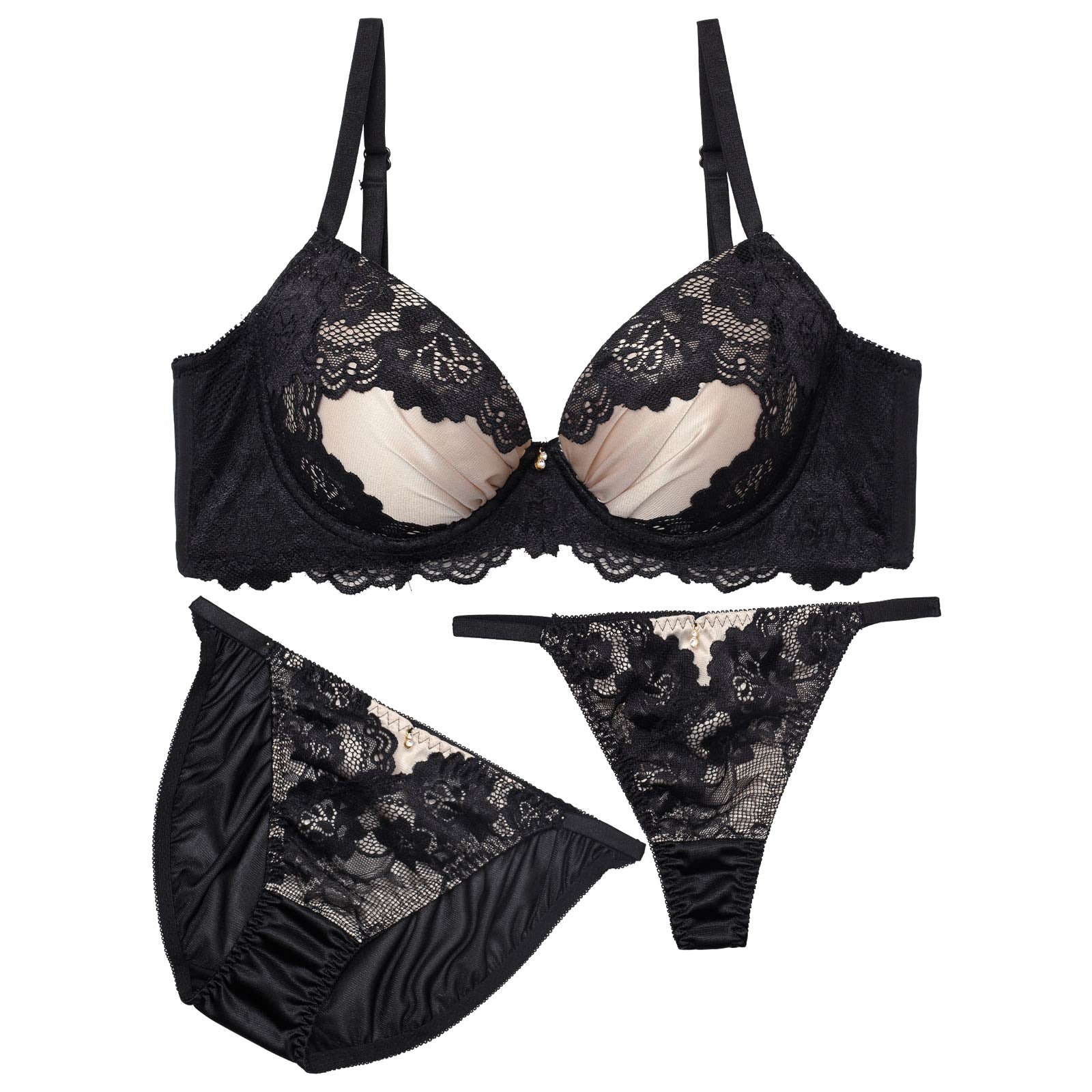 10/17新作!【3点セット】グロッシーサテンフルール育乳脇高ブラジャー&フルバック&Tバックショーツ