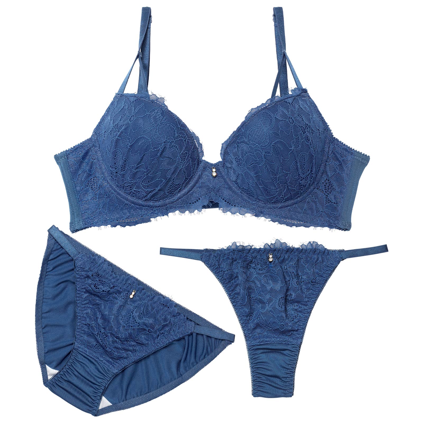 4/10新作!【3点セット】ディープアイラッシュレース育乳脇高ブラジャー&フルバック&Tバックショーツ