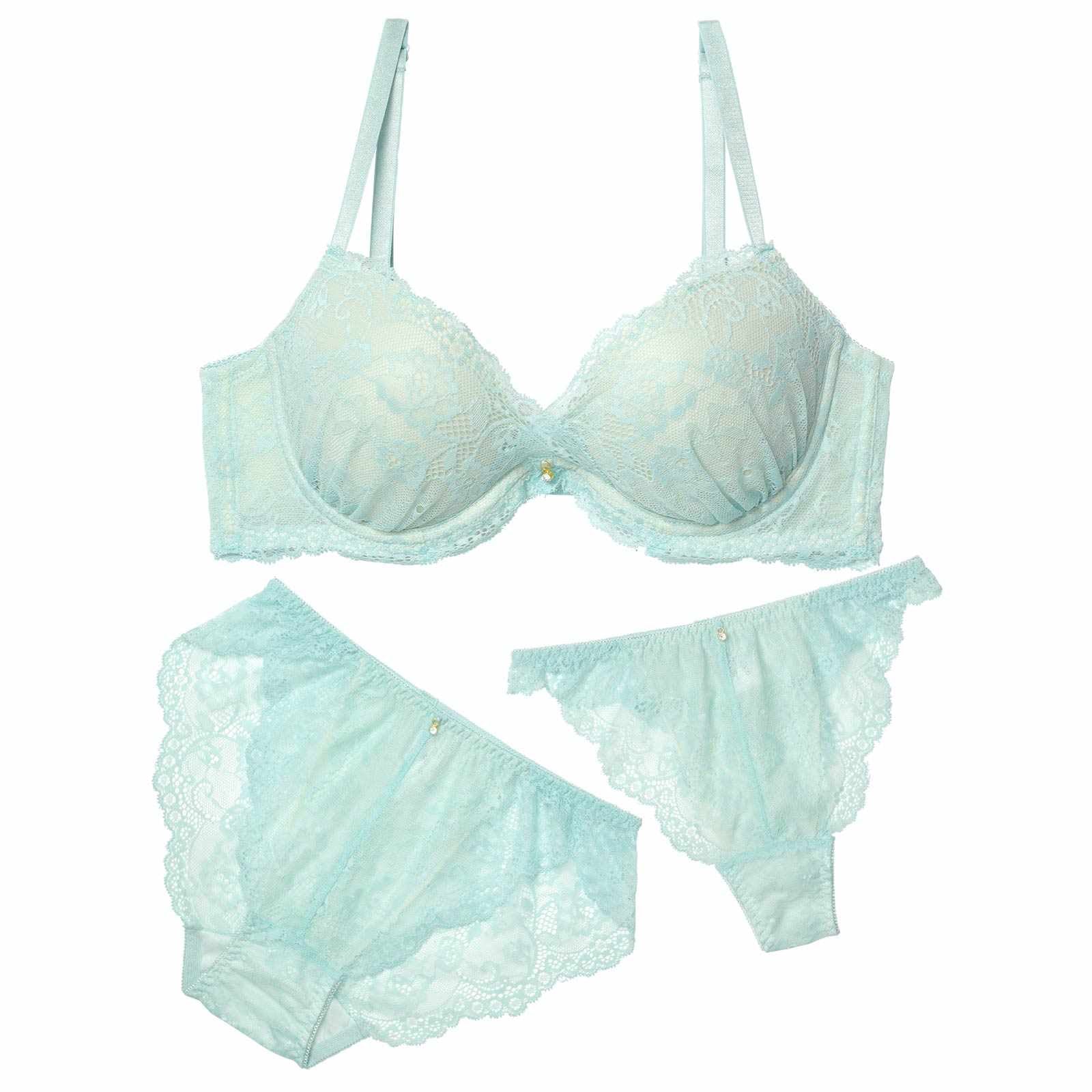 【3点セット】パステルレースカシュクール育乳脇高ブラジャー&バック透けフルバック&Tバックショーツ