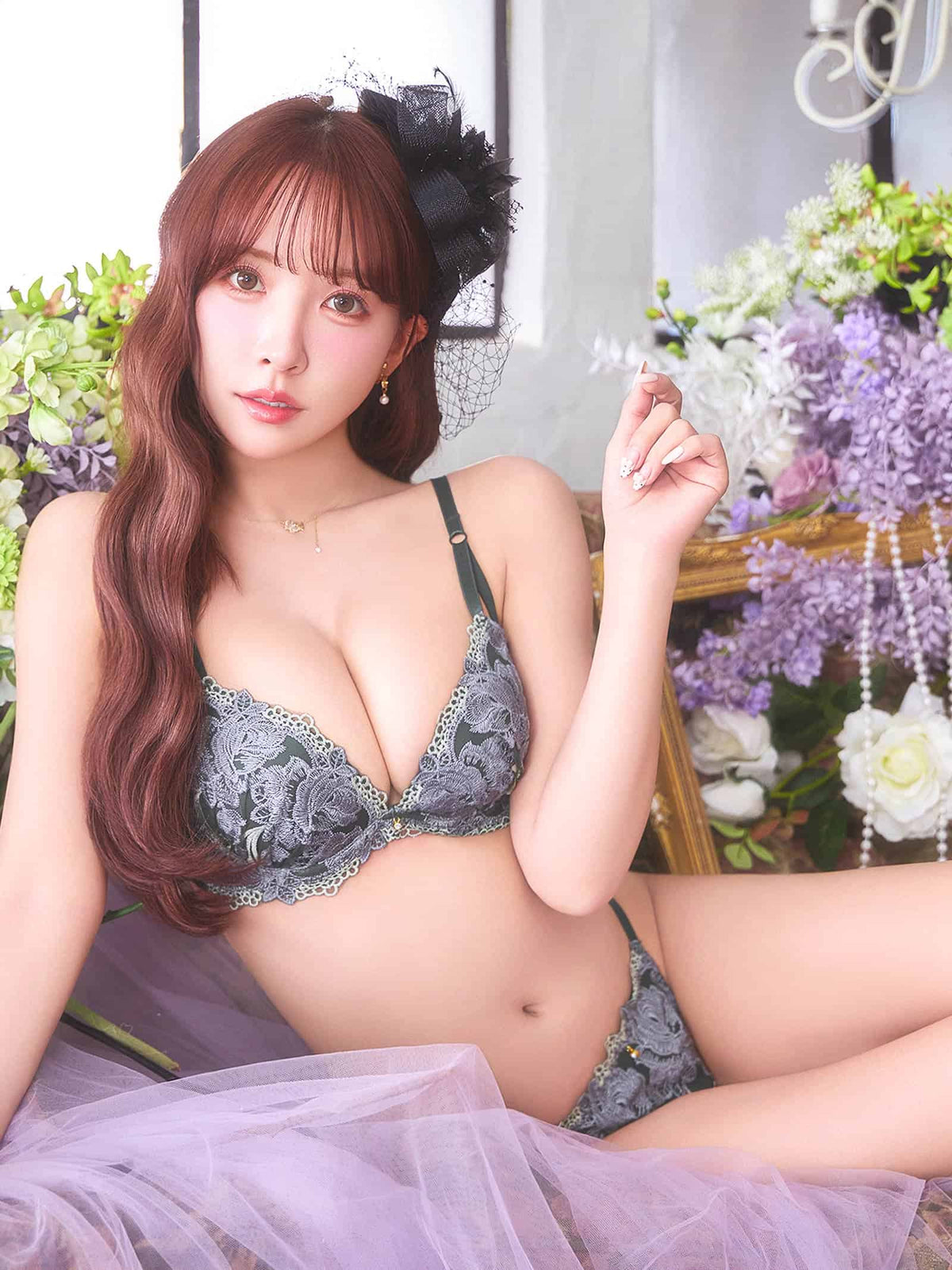 9/7新作!【三上悠亜着用】【3点セット】【GHIサイズ】ゴージャスローズブルームブラジャー&フルバック&Tバックショーツ