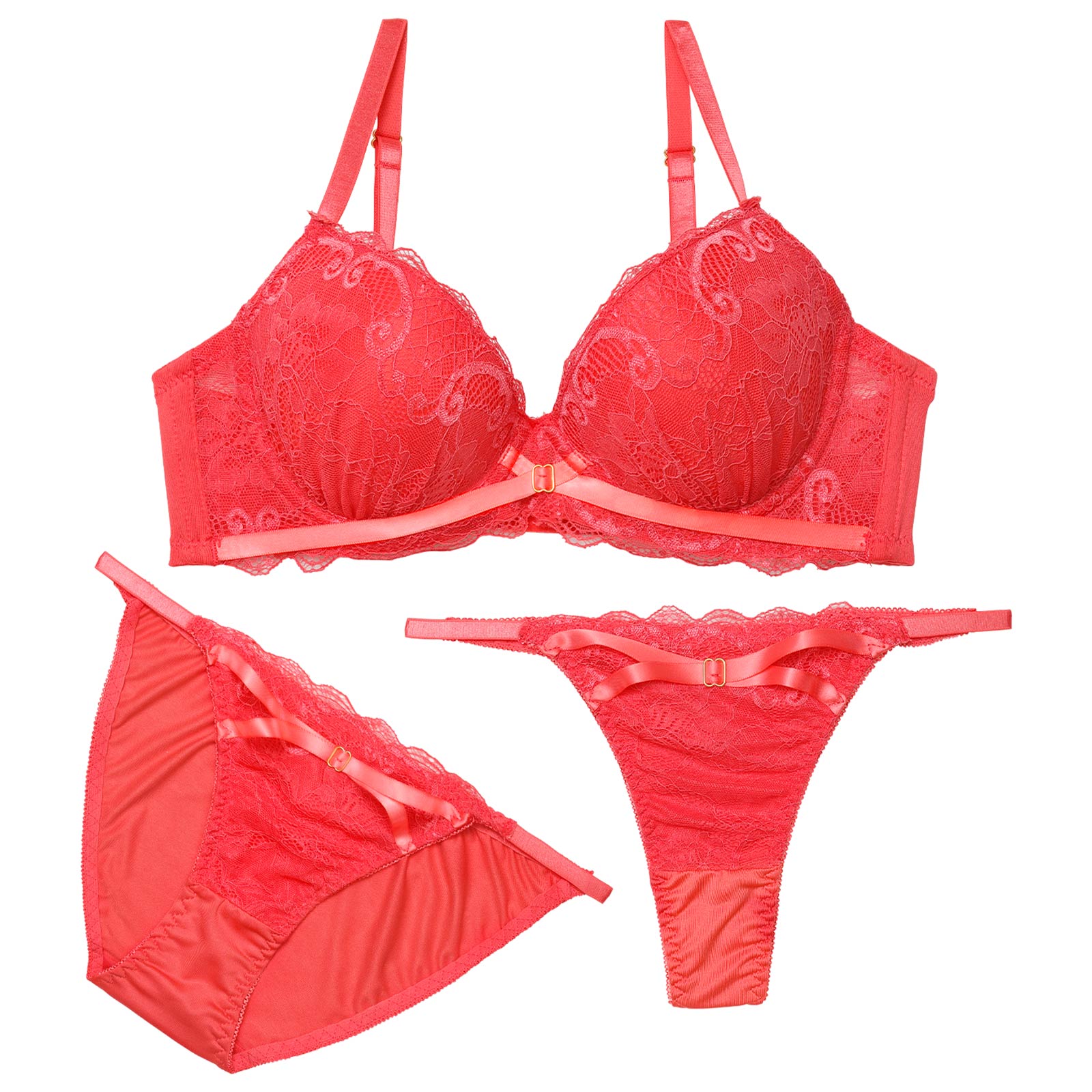 4/20新作!【3点セット】【GHIサイズ】リボンクロスレーシィブラジャー&フルバック&Tバックショーツ