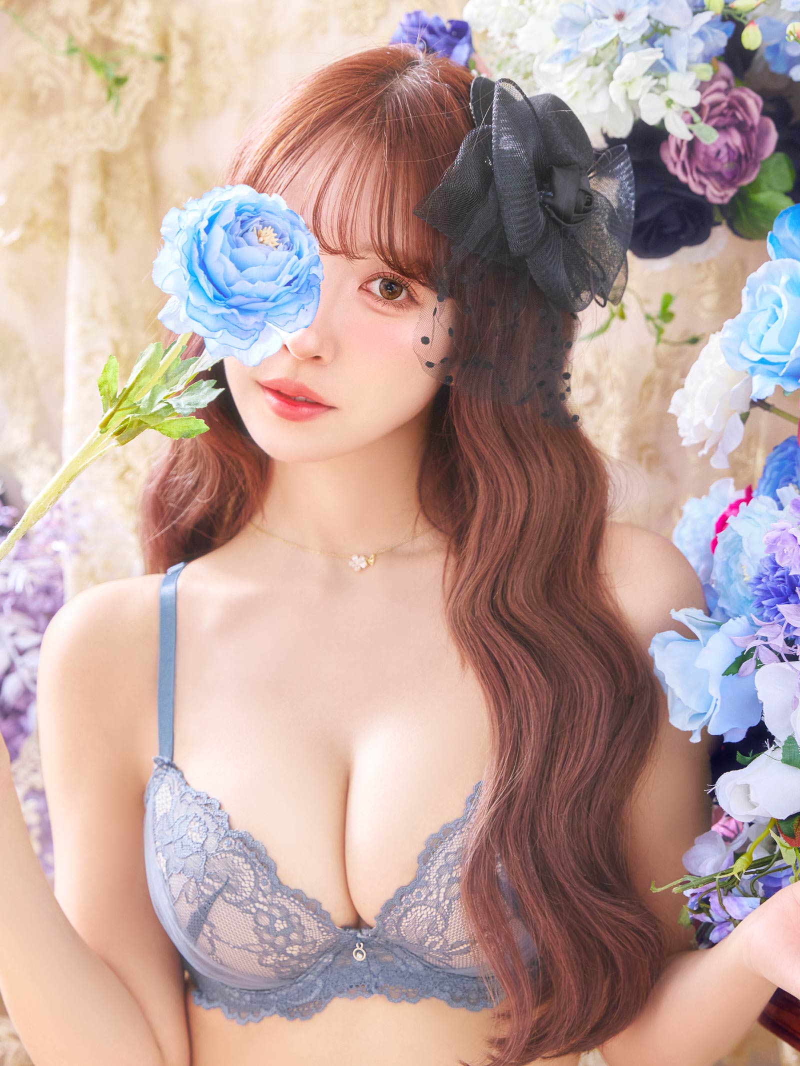 5/1新作!【三上悠亜着用】ディープフルールレース育乳脇高ブラジャー&サイド紐フルバックショーツ
