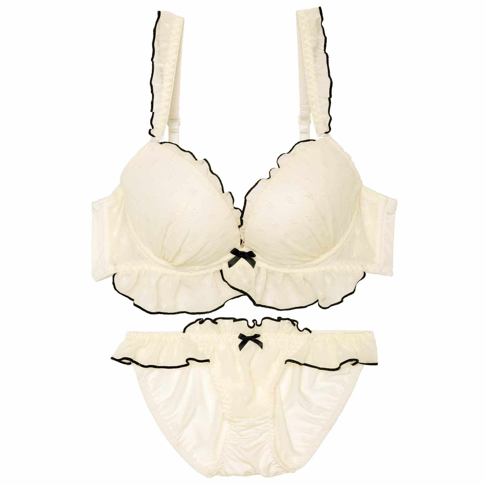 【かとゆり着用】【EFサイズ】ガーリーパイピングフリルブラジャー&フルバックショーツ