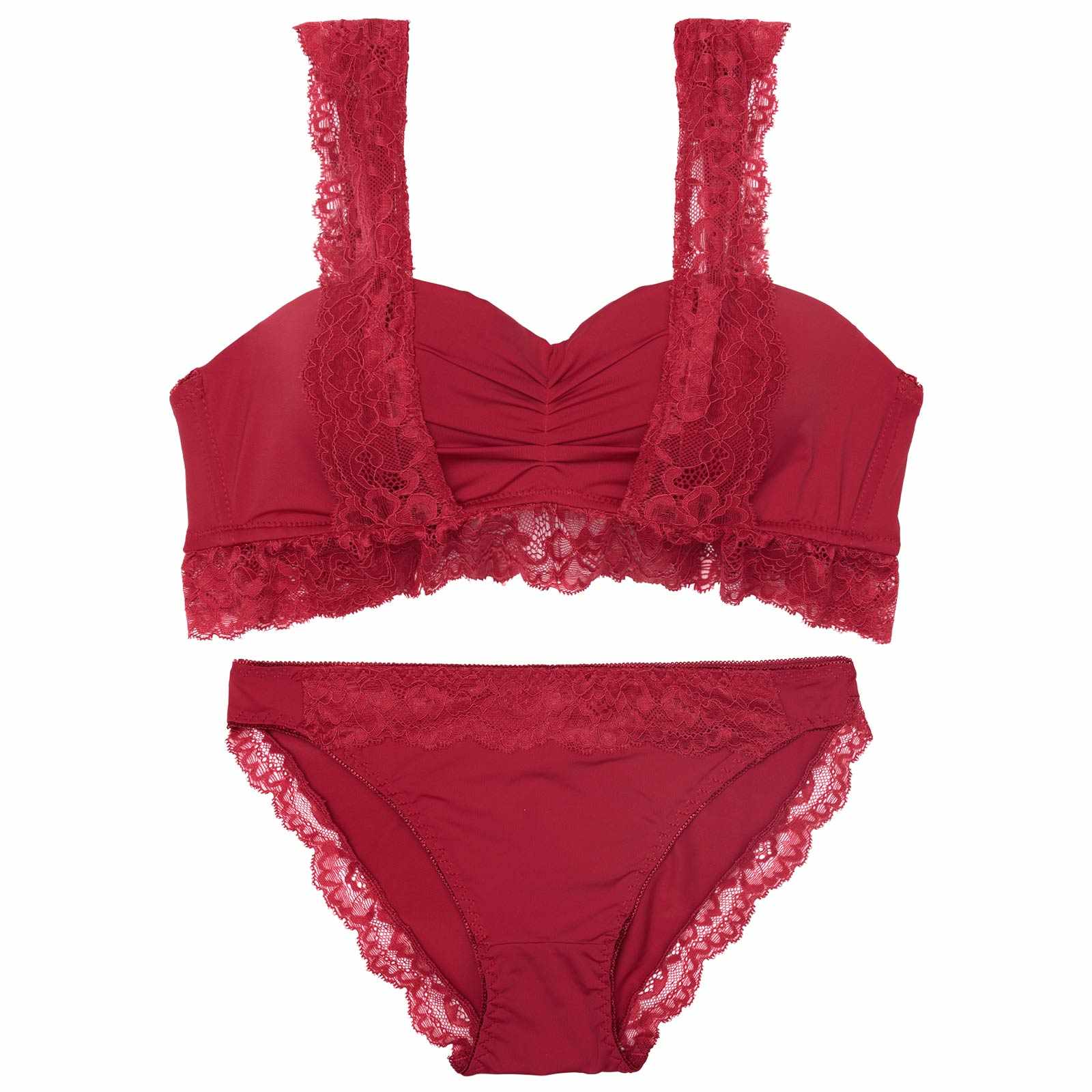 【EFサイズ】フリルレーシィギャザーブラジャー&フルバックショーツ