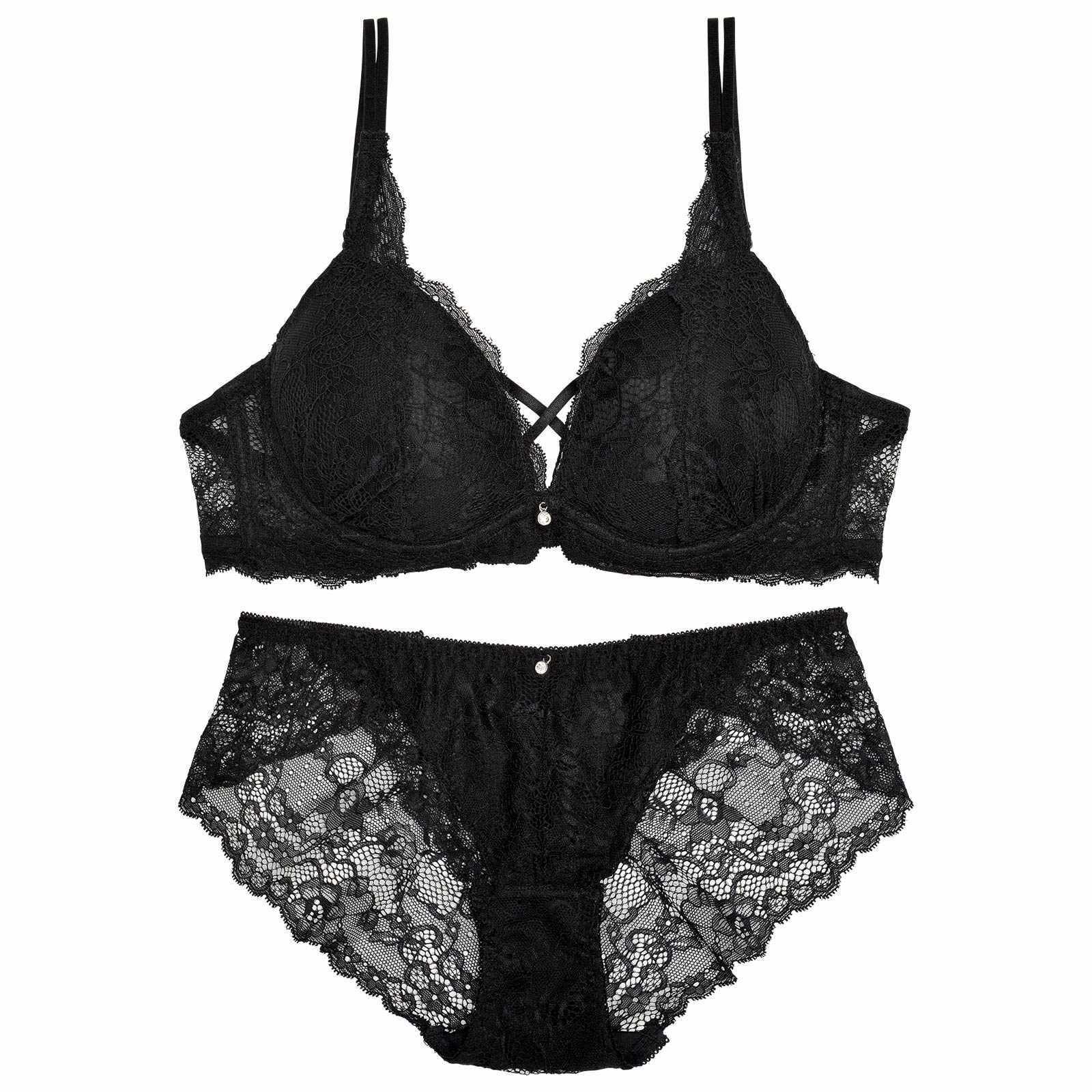【EFサイズ】クロスデザインレーシィブラジャー&バック透けフルバックショーツ