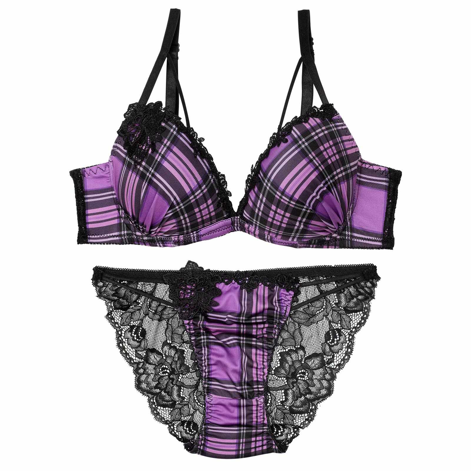 【EFサイズ】ビターモードチェックブラジャー&バック透けフルバックショーツ