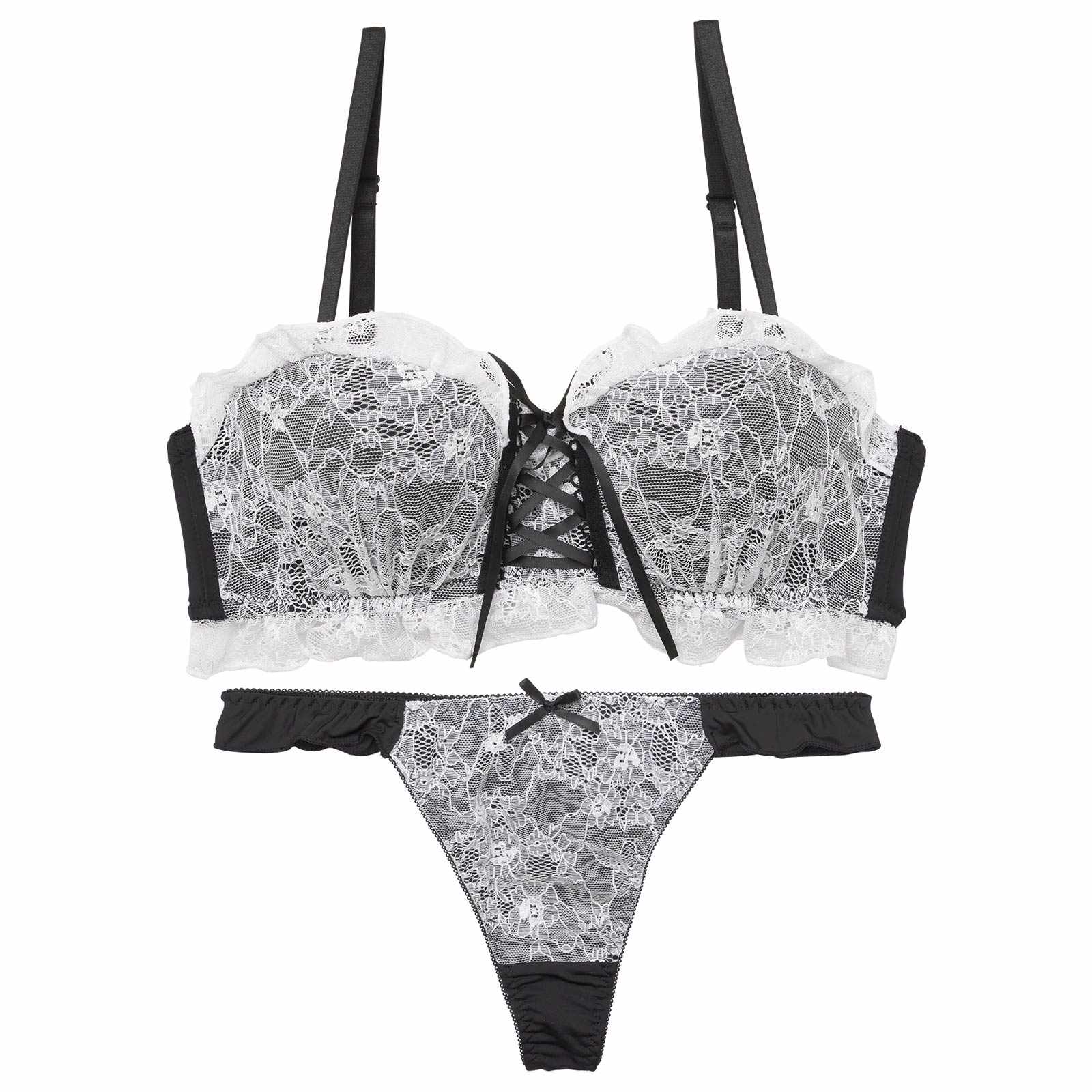 [4way]ドーリーレースアップフリルブラジャー&Tバックショーツ
