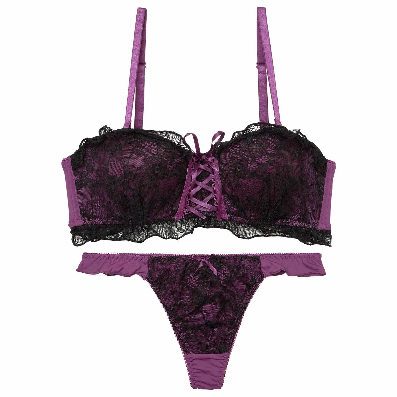 [4way]ドーリーレースアップフリルブラジャー&Tバックショーツ
