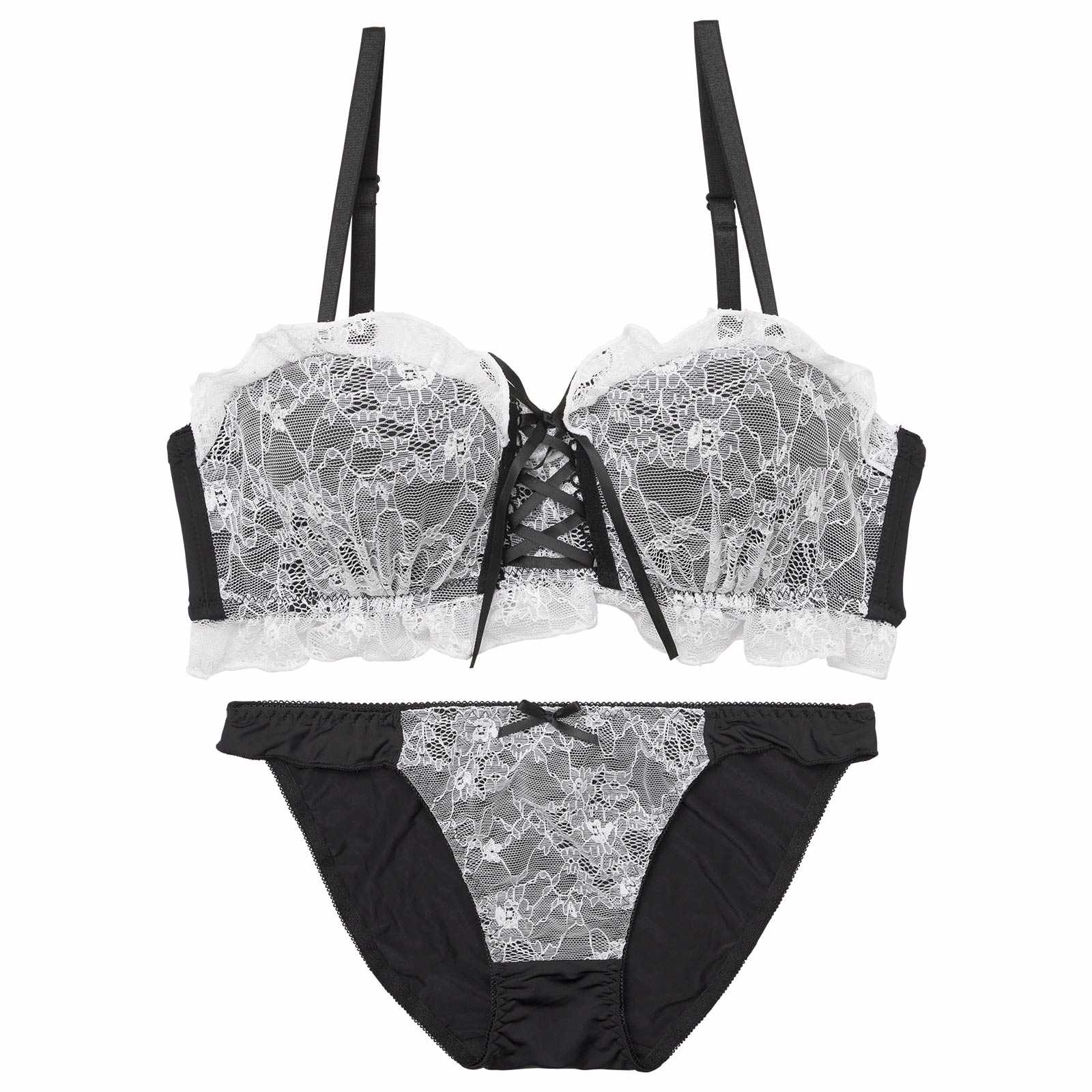 【EFサイズ】[4way]ドーリーレースアップフリルブラジャー&フルバックショーツ