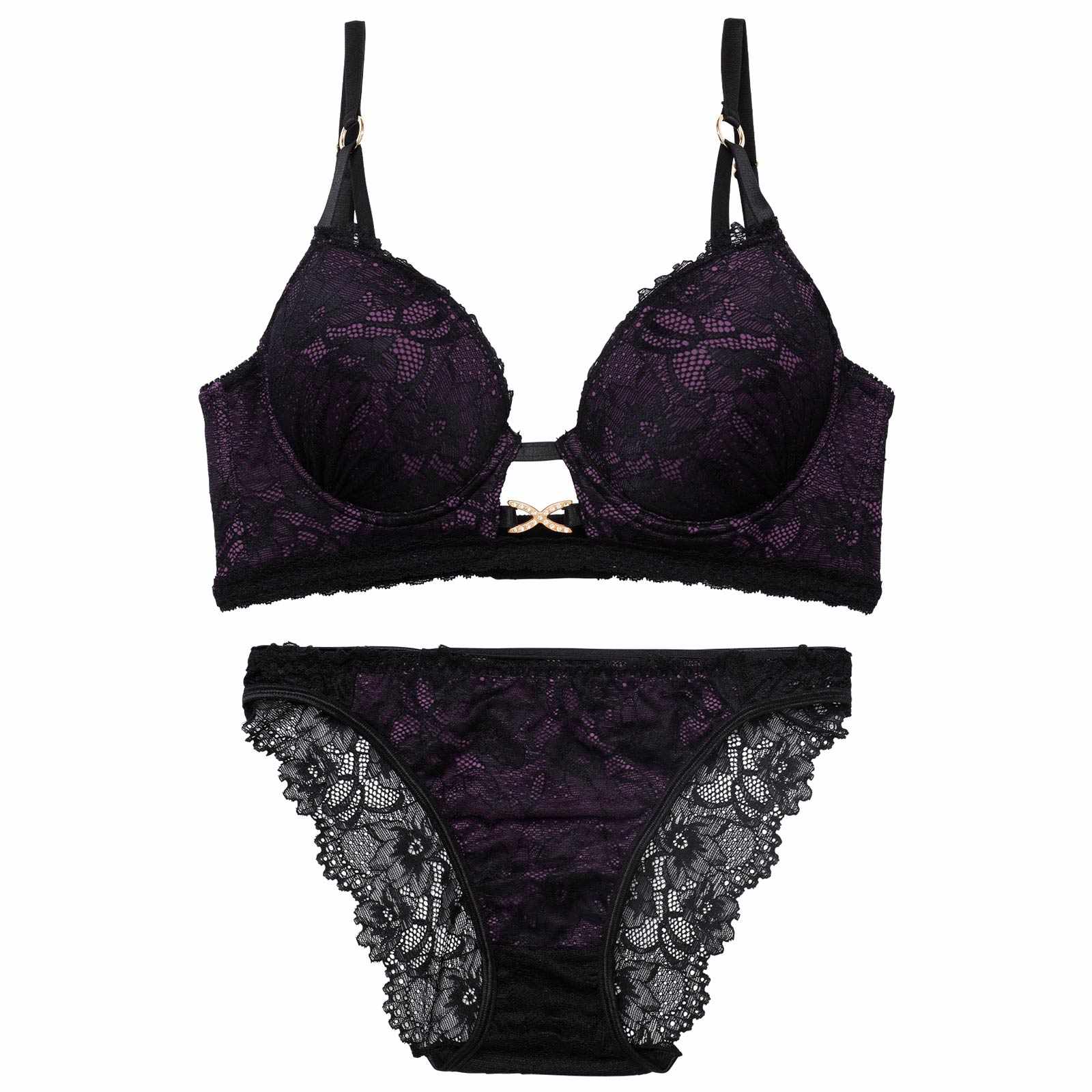 11/21新作!【三上悠亜着用】シャドウレースビジューホール育乳脇高ブラジャー&バック透けフルバックショーツ